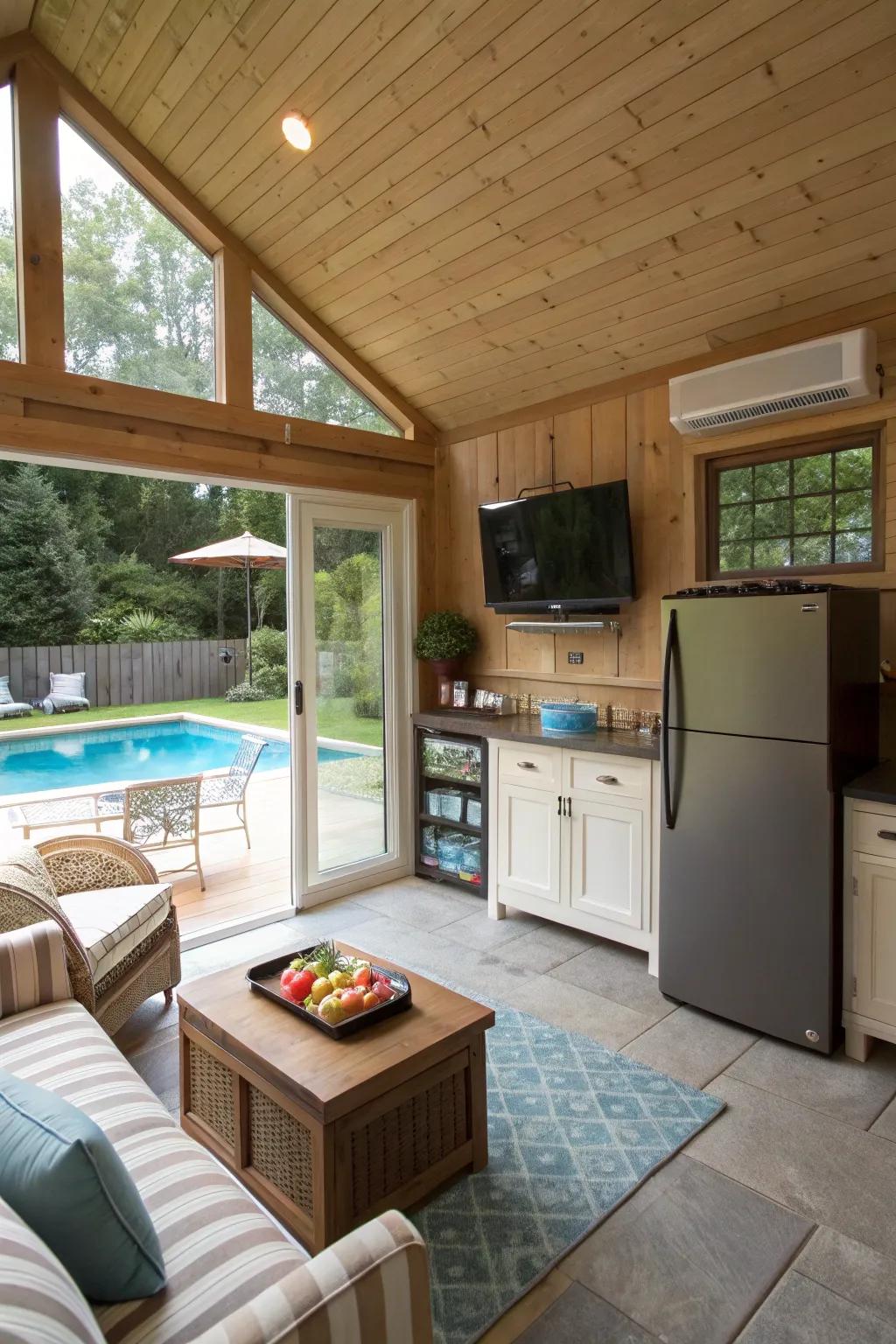 A compact pool house providing cozy and essential amenities.