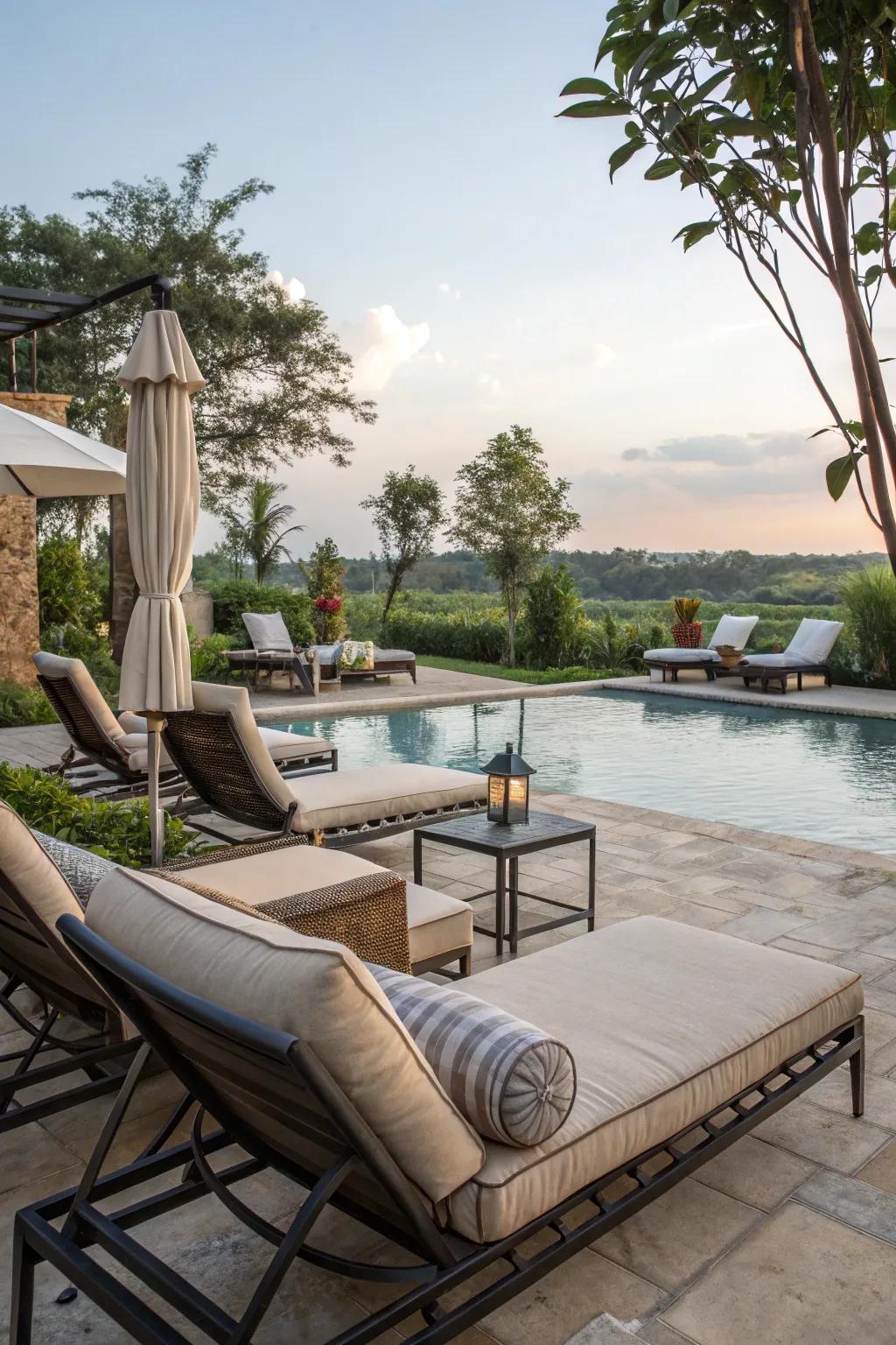 A comfortable poolside lounge space featuring cozy seating.
