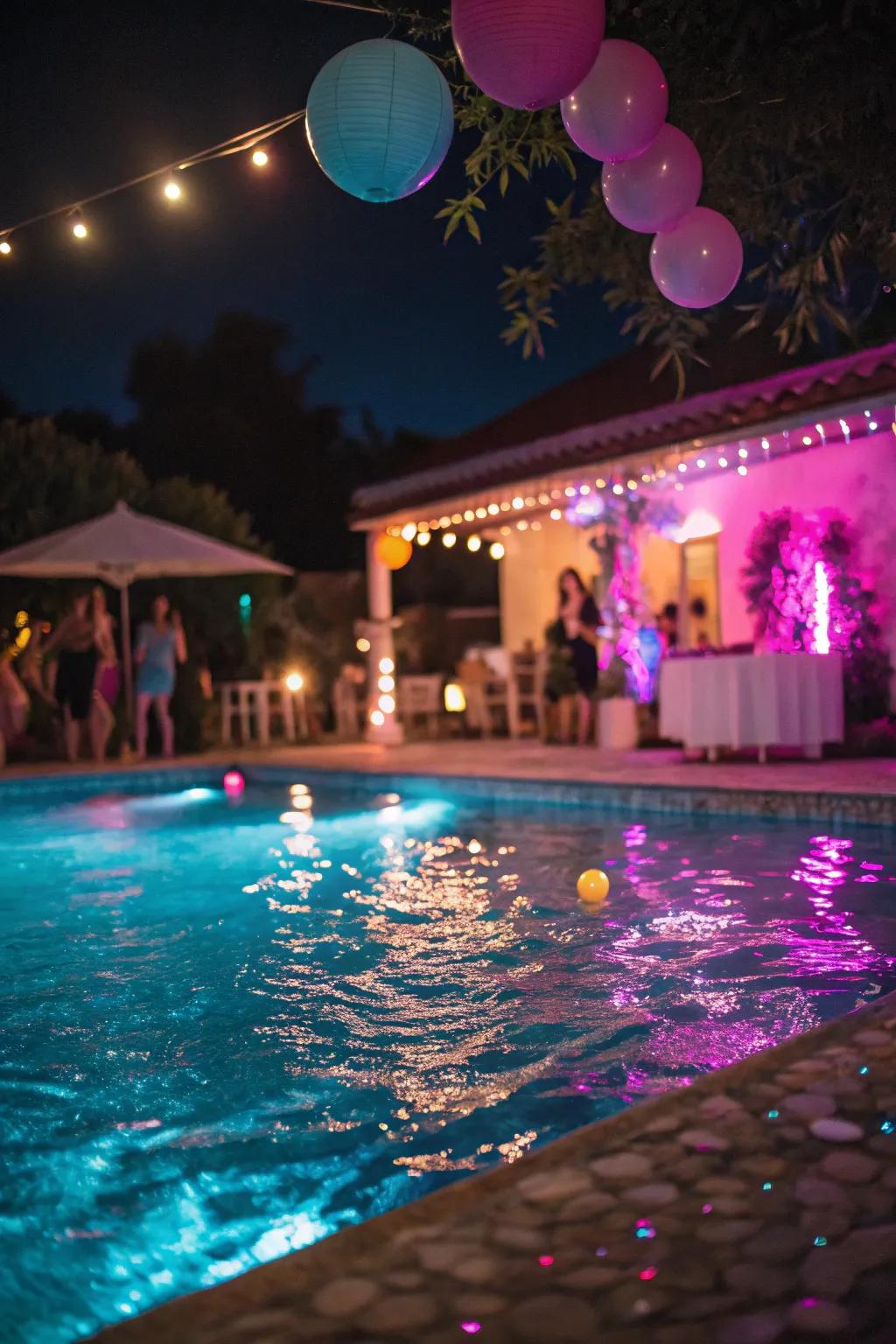 Colored lights turn your pool area into a vibrant party zone.