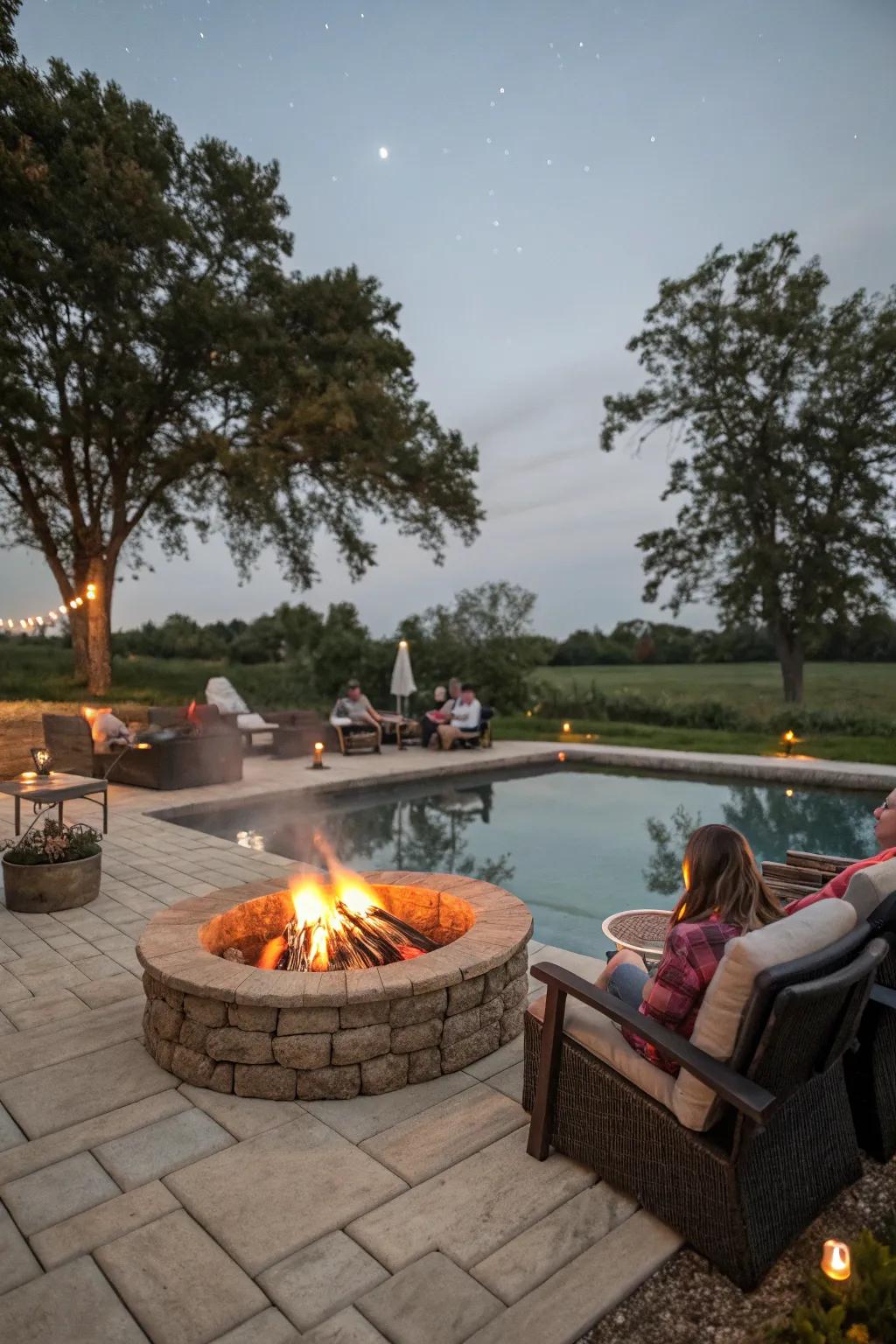 A bonfire spot by the pool fosters a warm gathering atmosphere throughout the year.
