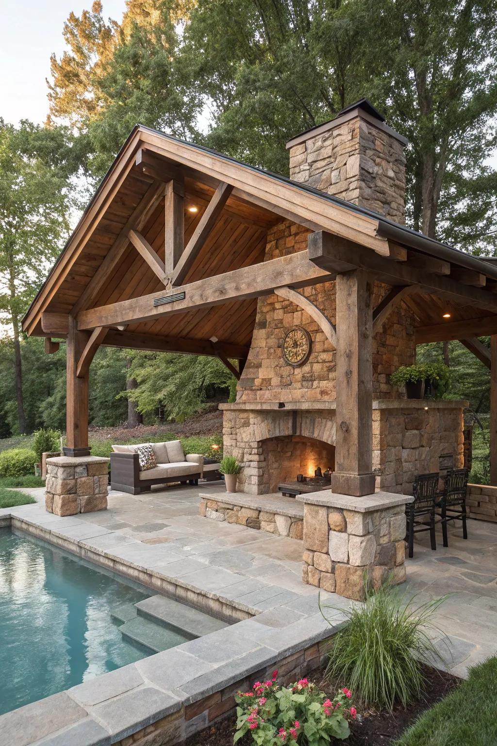 Rustic stone and wood pavilions offer a cozy, mountain retreat vibe.