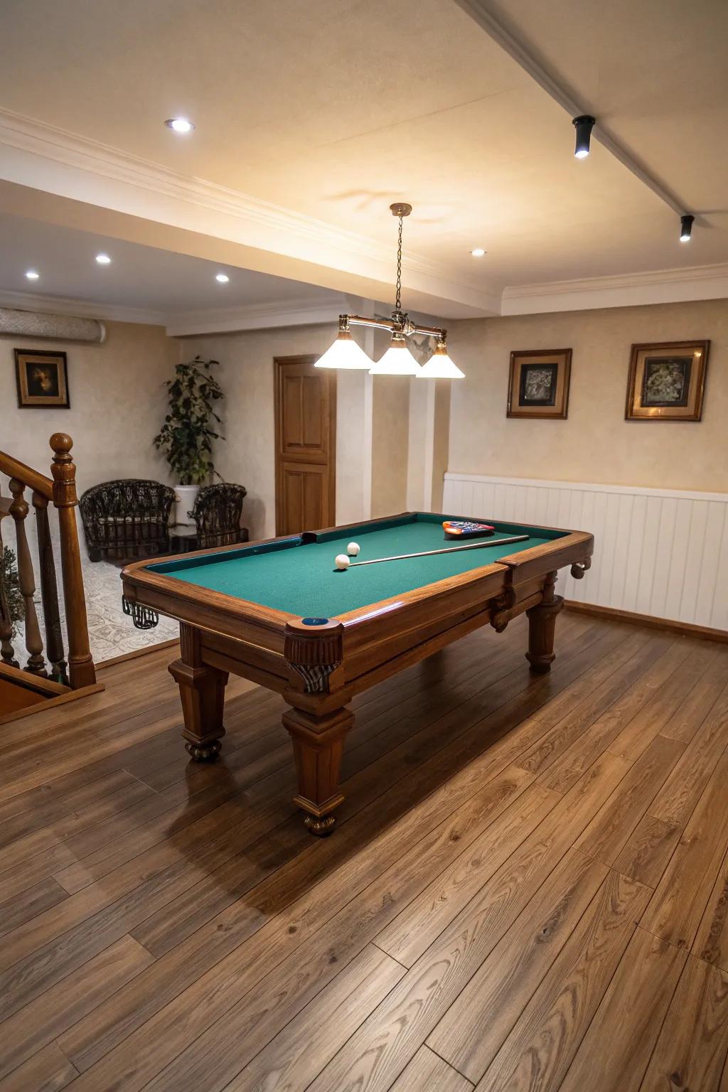 Hardwood flooring goes well with the elegance of a small pool table room.