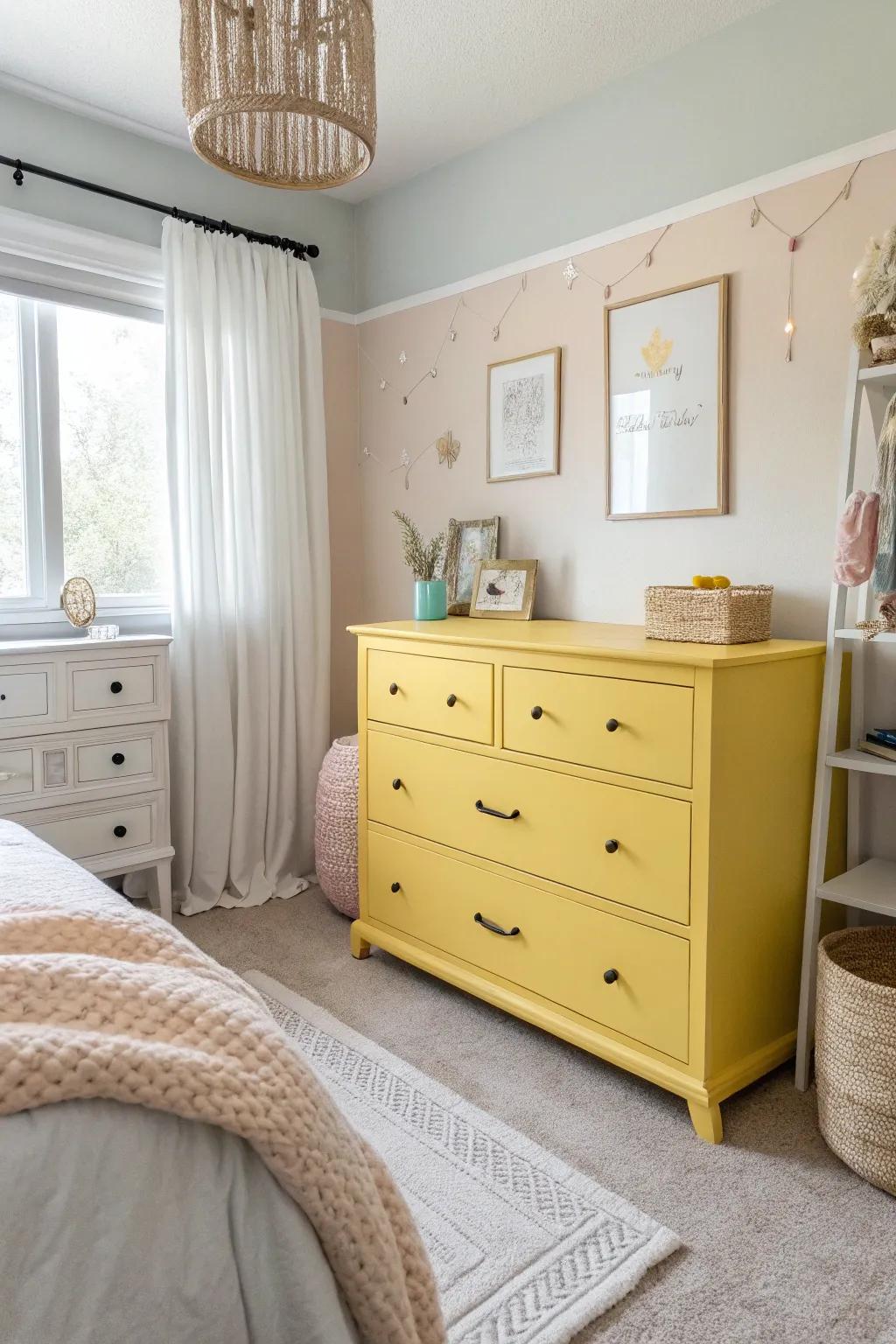 A gold dresser introduces a cheerful and radiant touch.