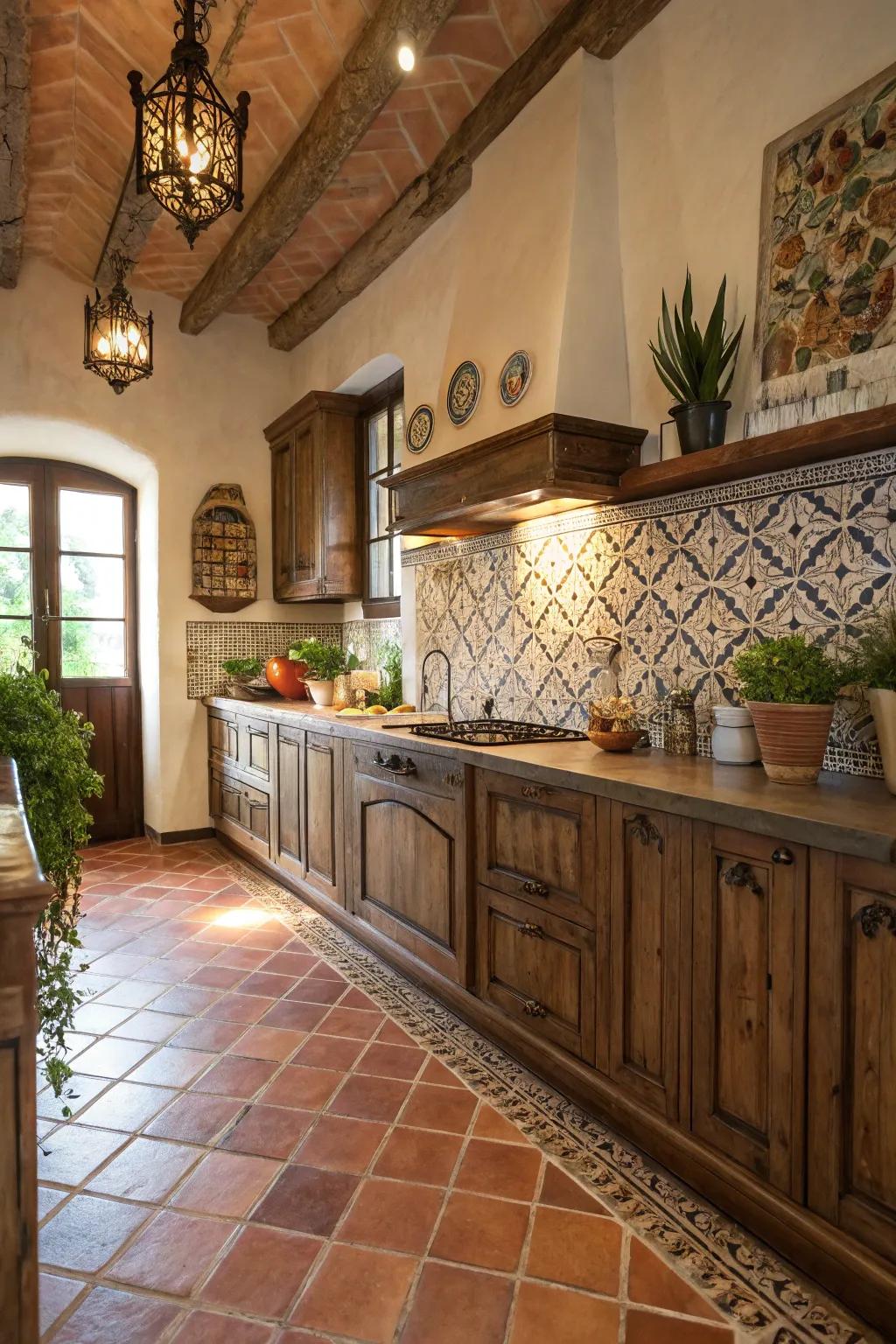 Terracotta pieces infuse cooking areas with warmth and Mediterranean allure.