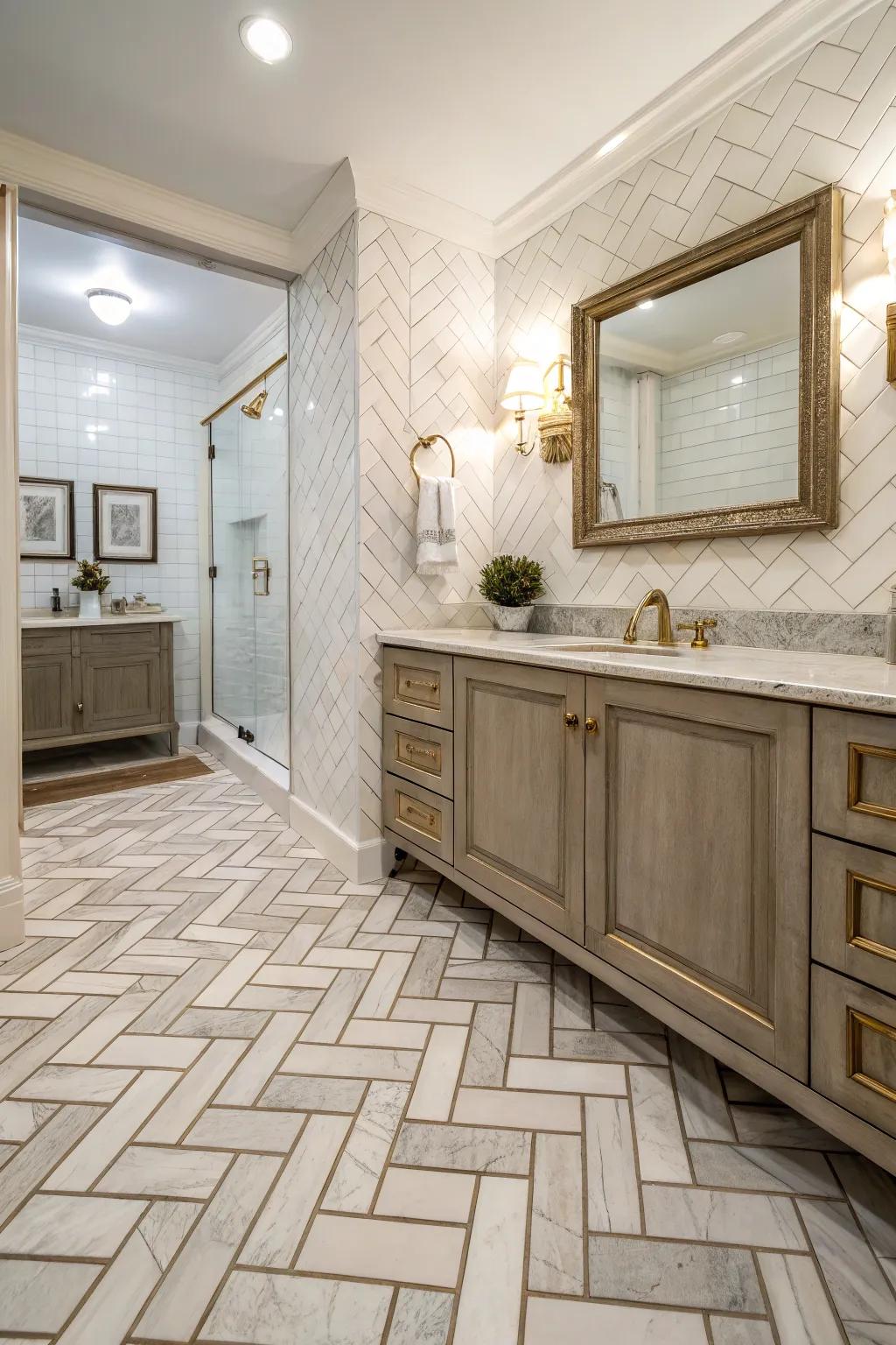 Herringbone patterned tiles lend sophistication and style to this elegant bathroom.