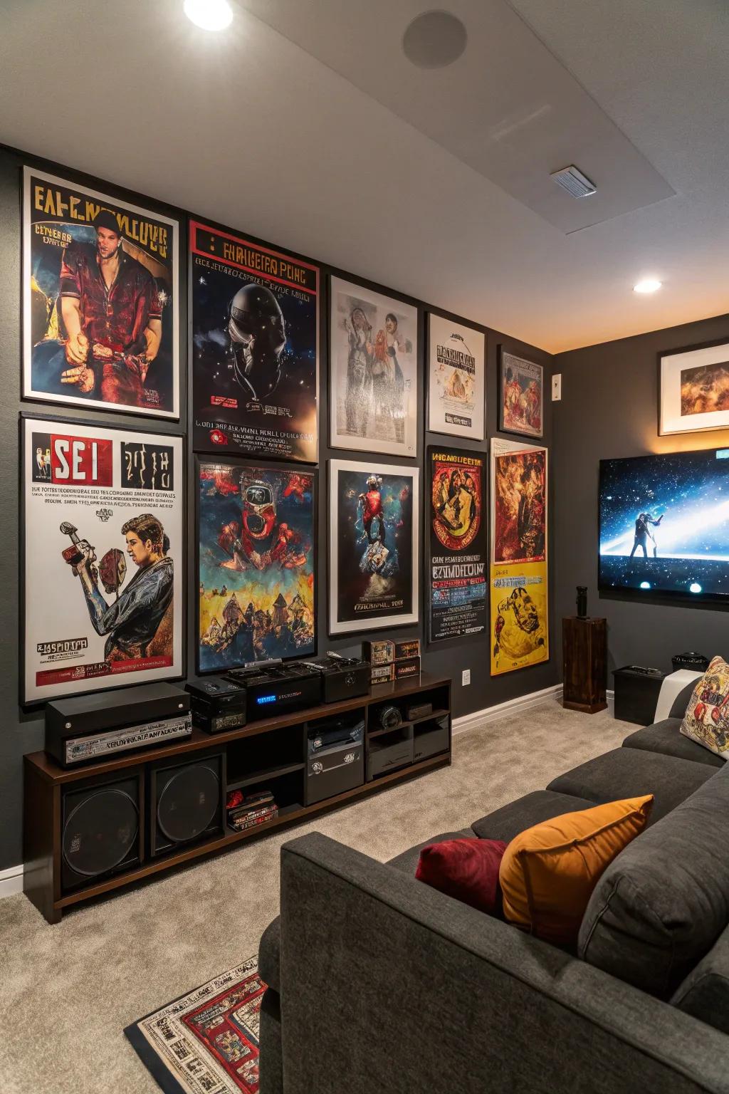 An entertainment room decorated with pop culture posters.