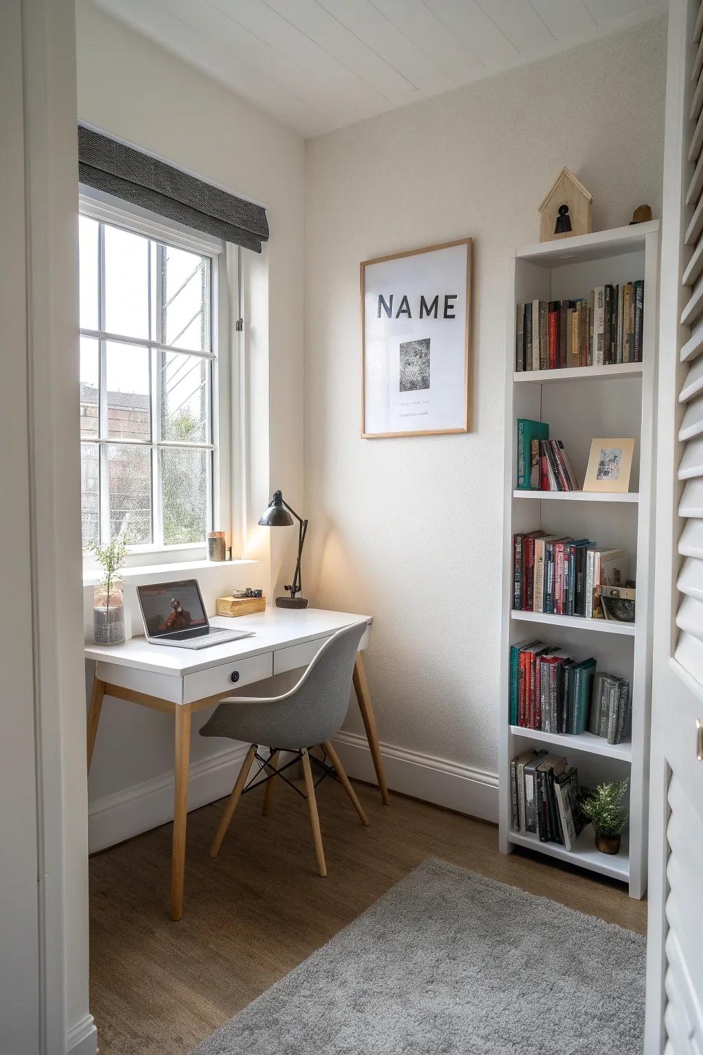 A minimalist name poster adding flair to a compact home office.