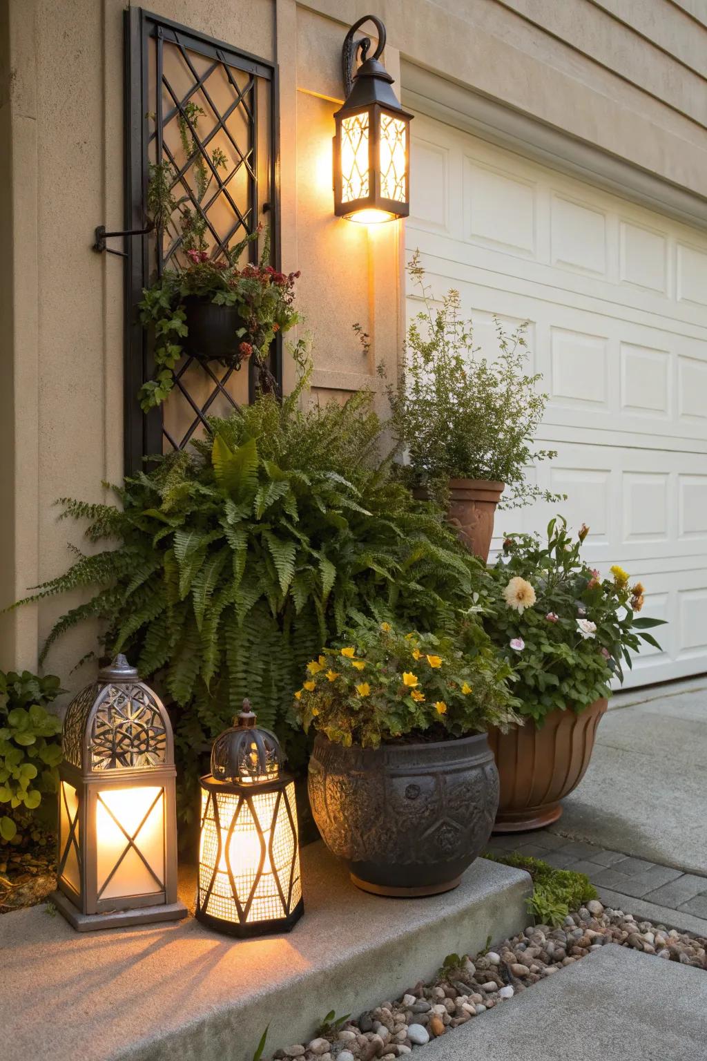 Lanterns contributing a magical luminescence to the plant setting.
