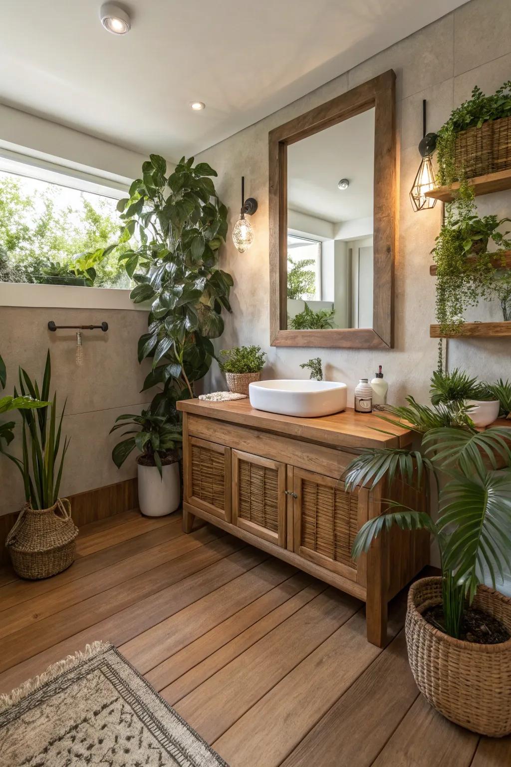 A half-bath showcasing natural elements like timber and greenery.