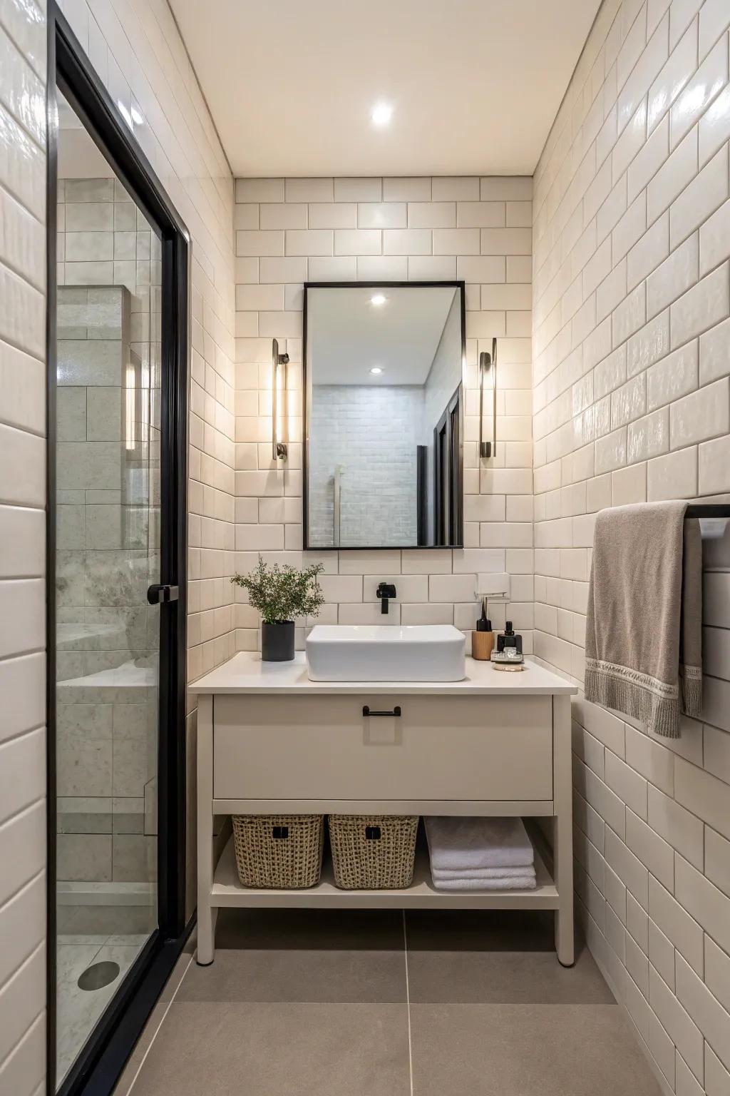 Minimalist tiles create a clean and elegant powder room aesthetic.