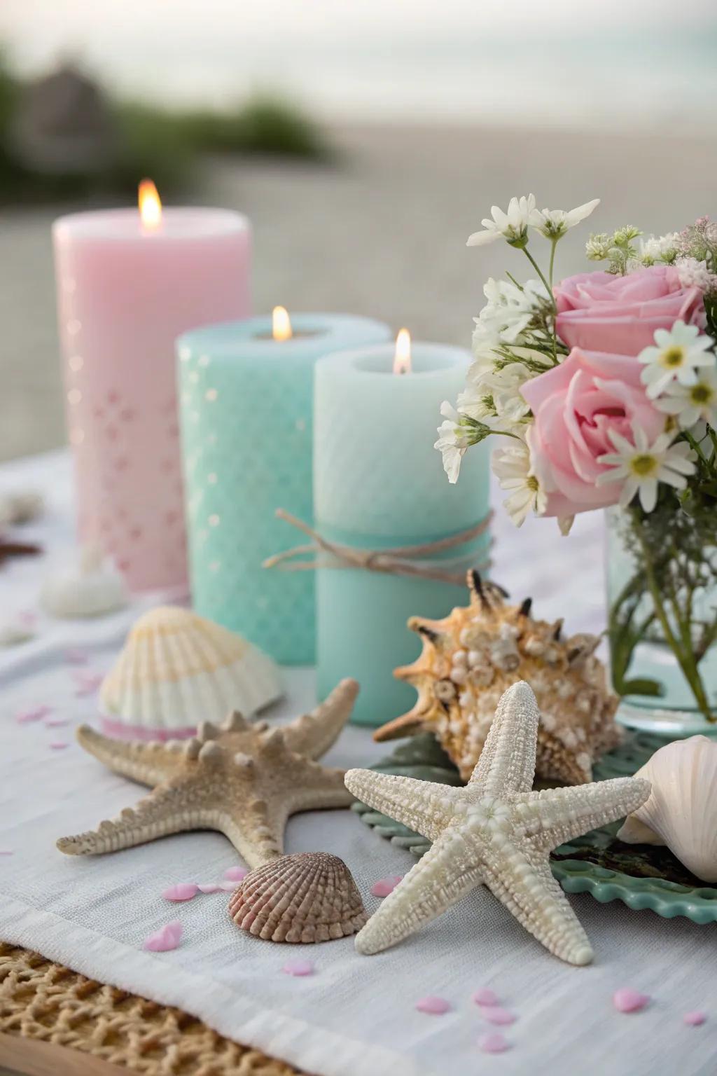 Seashell and starfish embellishments contribute a maritime accent to the aesthetic.