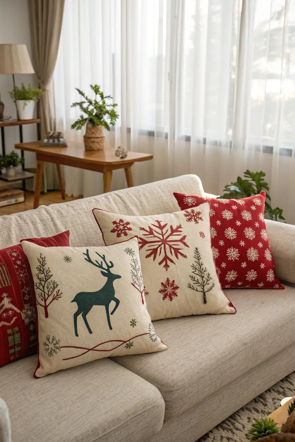 Celebratory cushions add holiday cheer to the living room.
