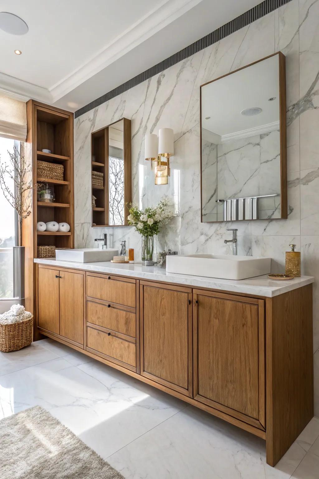 Lumber details contribute heat and grain to your lavatory.