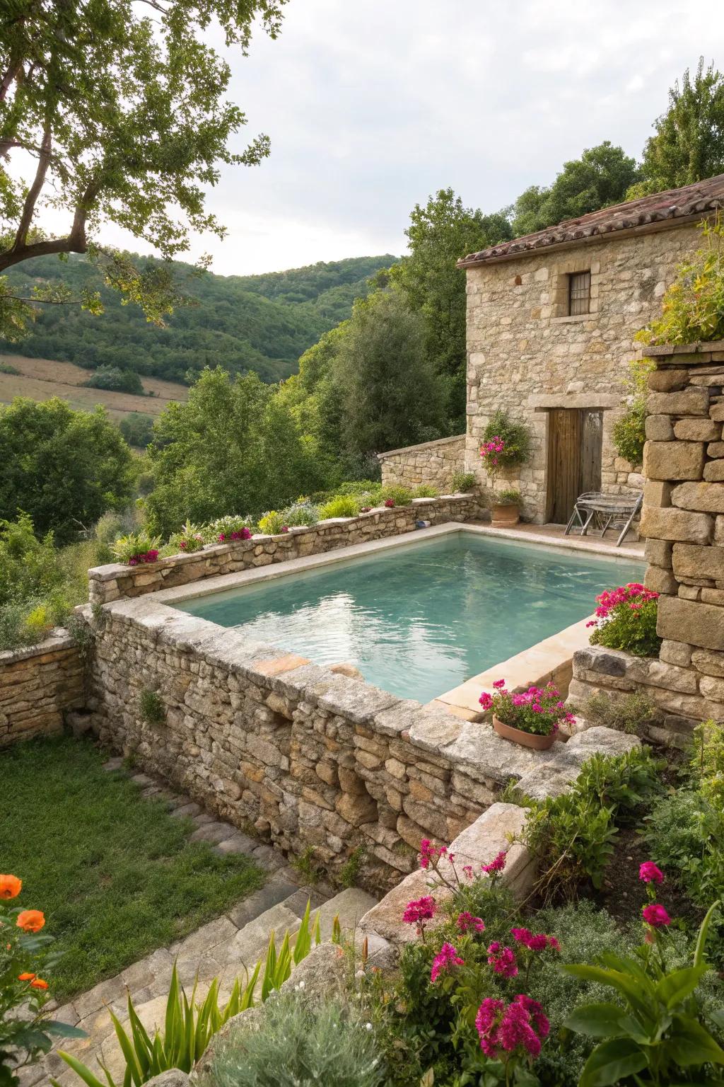 Down-to-earth stone walls contribute resilience and refinement to pool privacy.