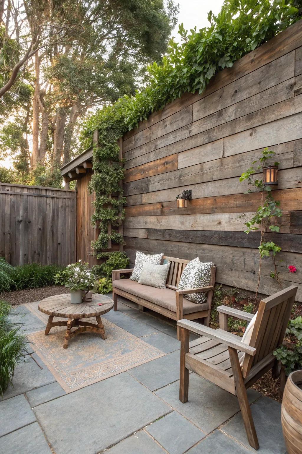 Repurposed timber walls provide rustic allure and sustainable privacy.