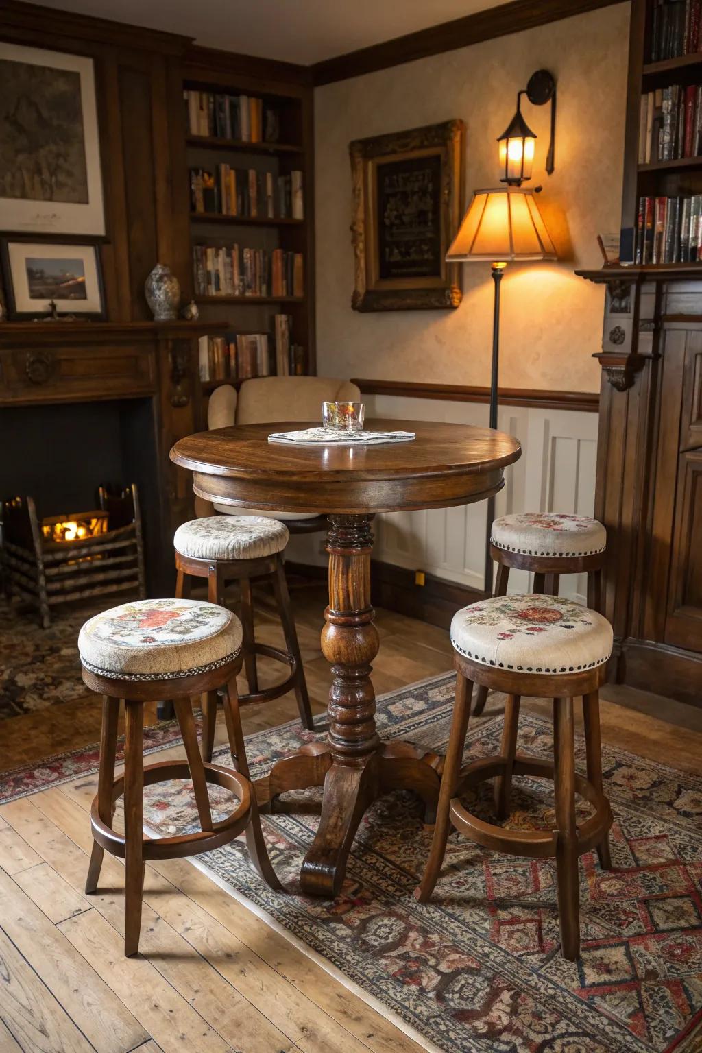 Eternal sophistication embodied in classic wooden pub tables.