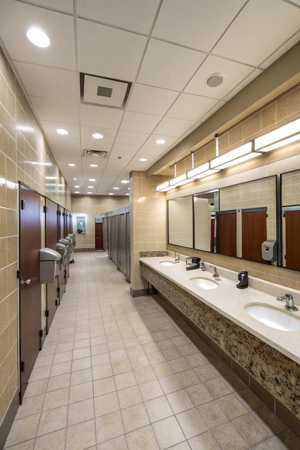 Efficient layouts streamline user flow in shared restrooms.