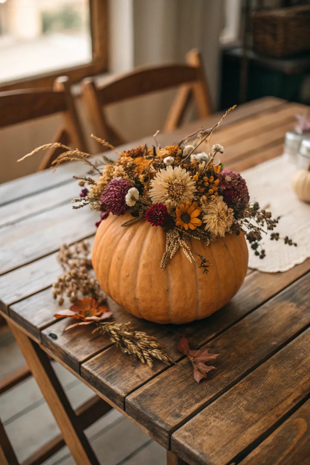 Dried blooms bestow a sense of timeless grace upon your pumpkin.