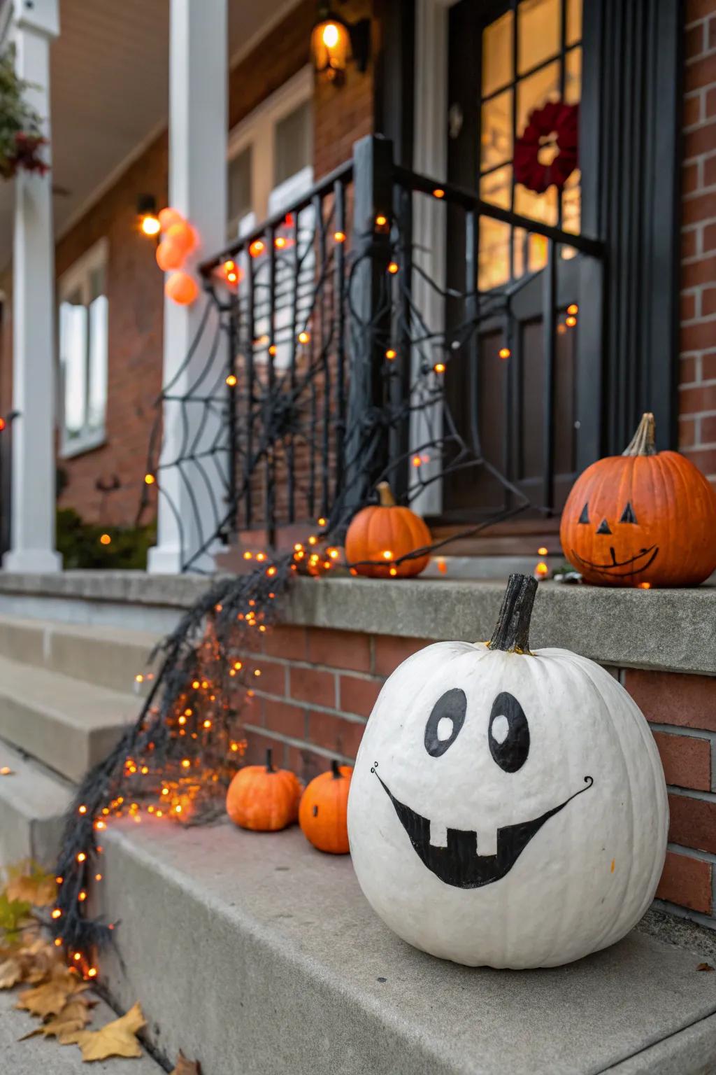 A friendly ghost pumpkin bringing smiles instead of scares.