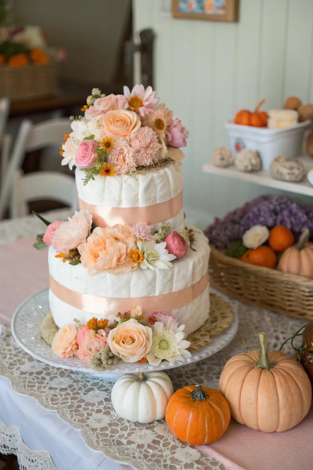 Floral gourd diaper creations introduce a softer, more exquisite element to the theme.