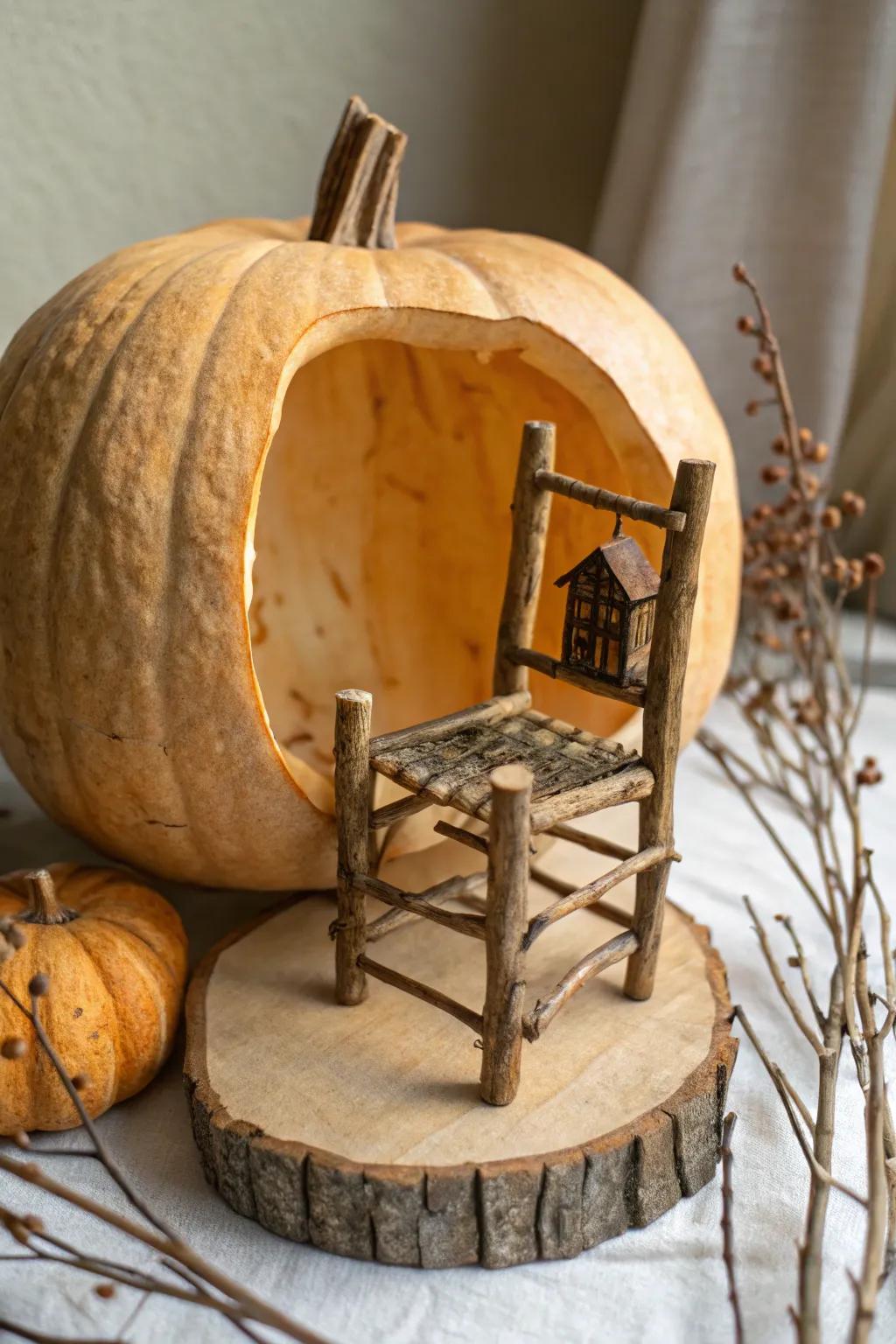 Venture into the bewitching realm of fairy chronicles with this captivating branch and integument seat, impeccable for a snug pumpkin sanctuary.