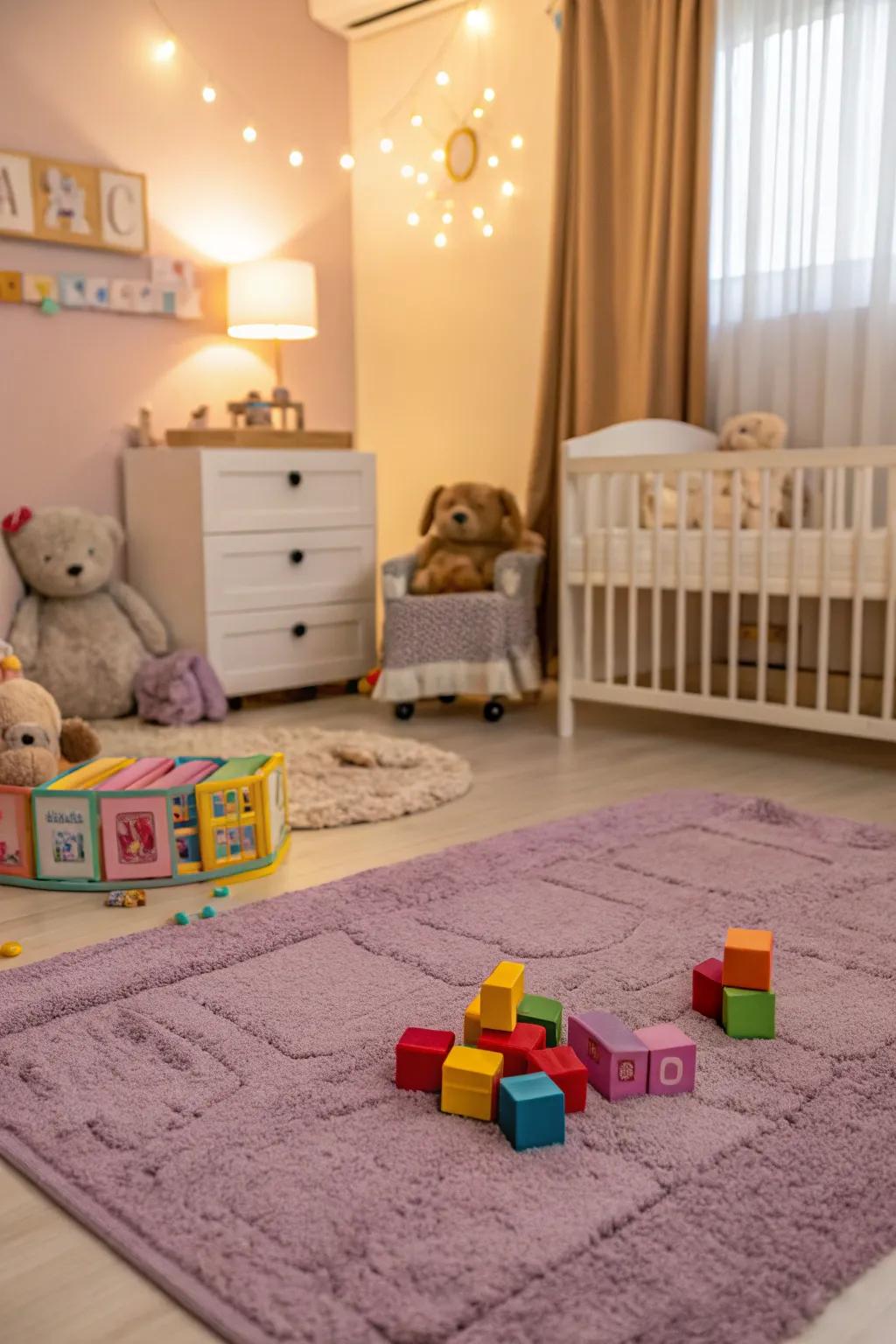 A plush purple rug creates a cozy play area.