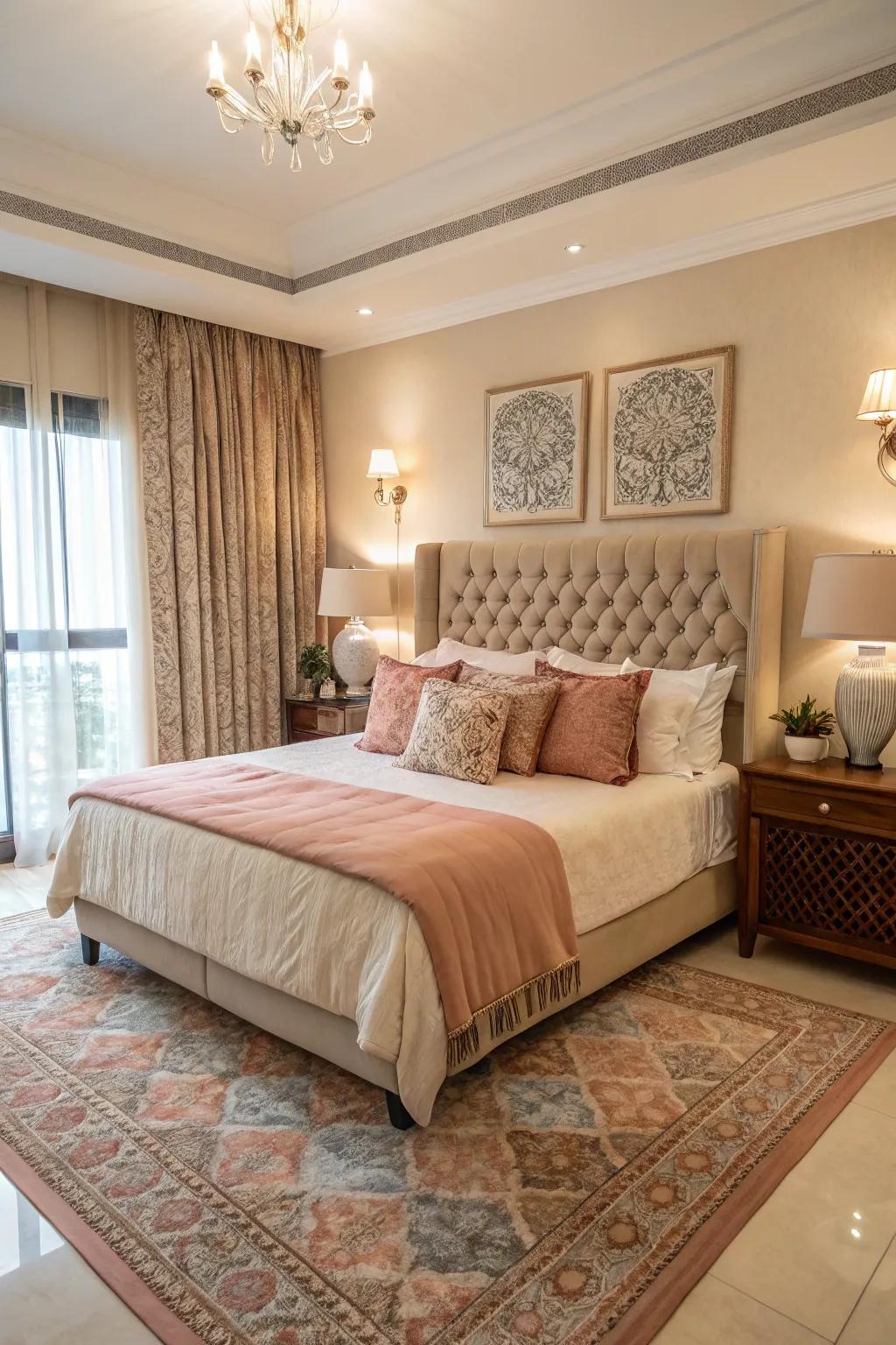 Coordinated colors create harmony in pillow arrangements.