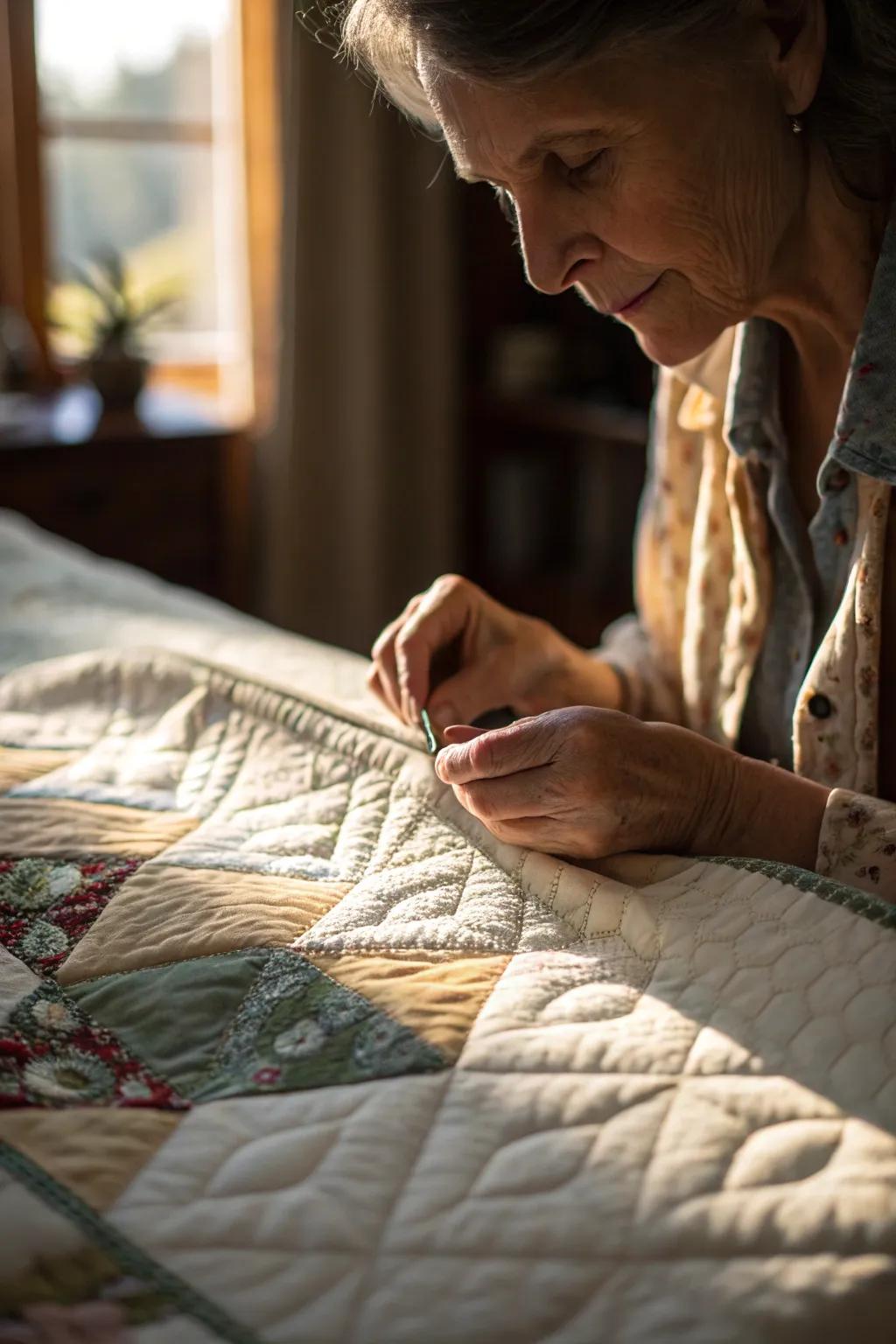 Manual stitching grants an intimate and ageless border to quilts.