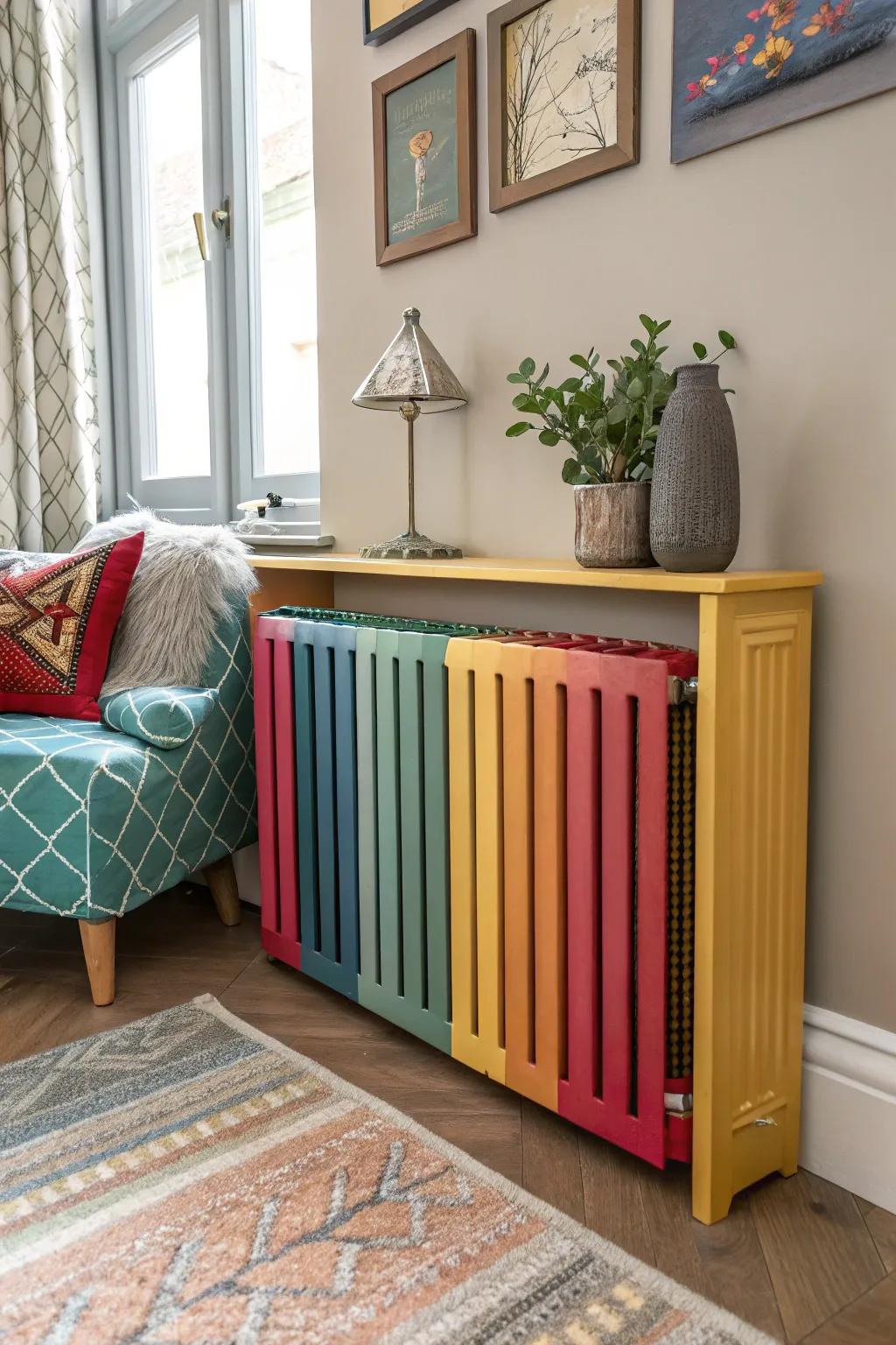 A radiator enclosure showcasing vivid hues complements the room's decorations.