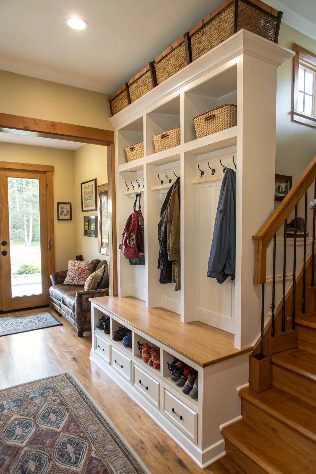 Hooks and cubbies are great storage solutions for an entrance area that's free of clutter.