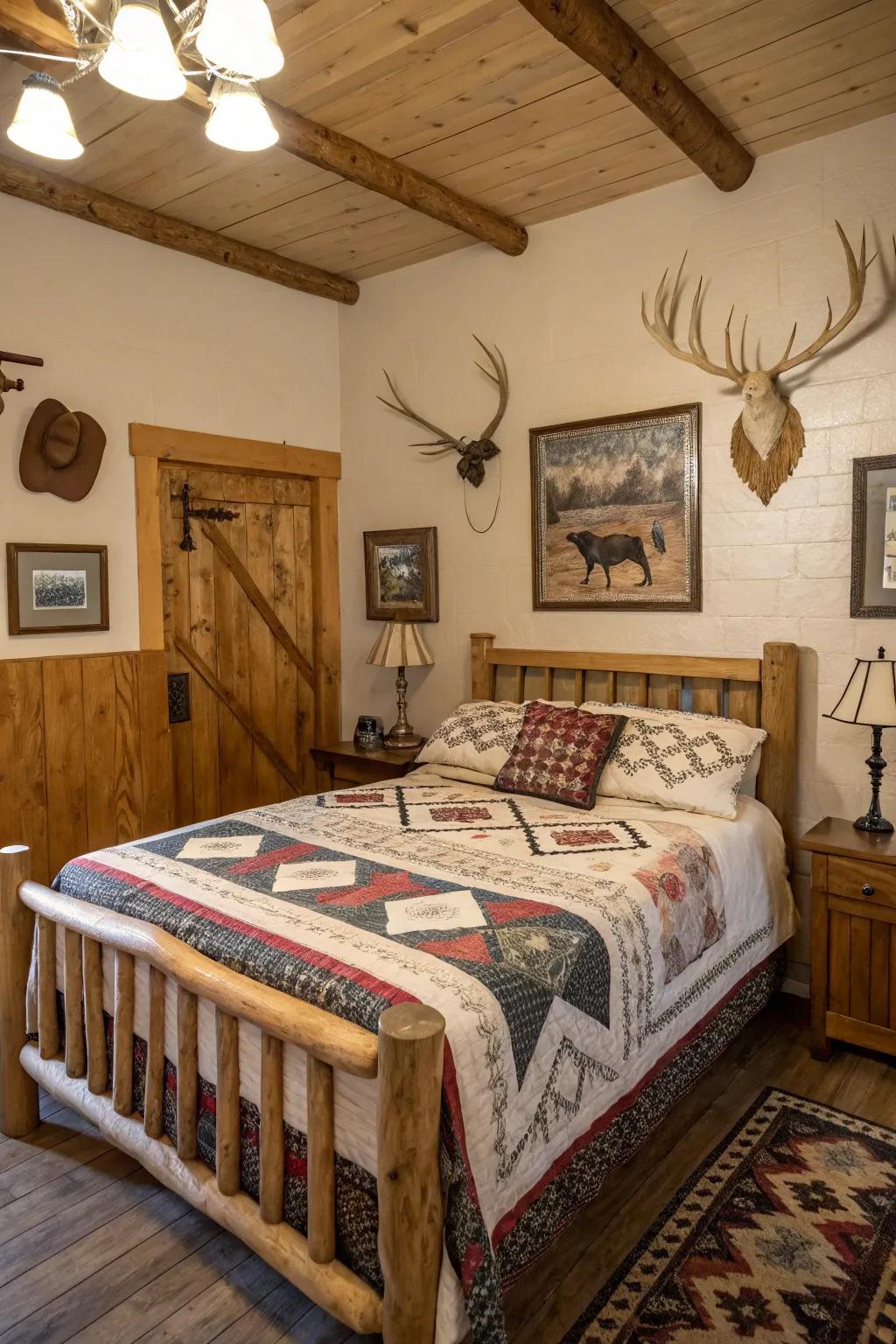 A countryside bedroom showcasing antler design and vintage art pieces.
