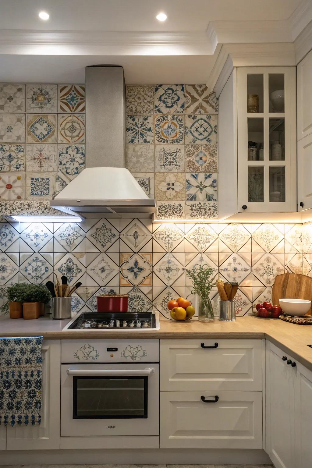 A kitchen showcasing a patterned tile splash guard that infuses character into a simple vent hood.