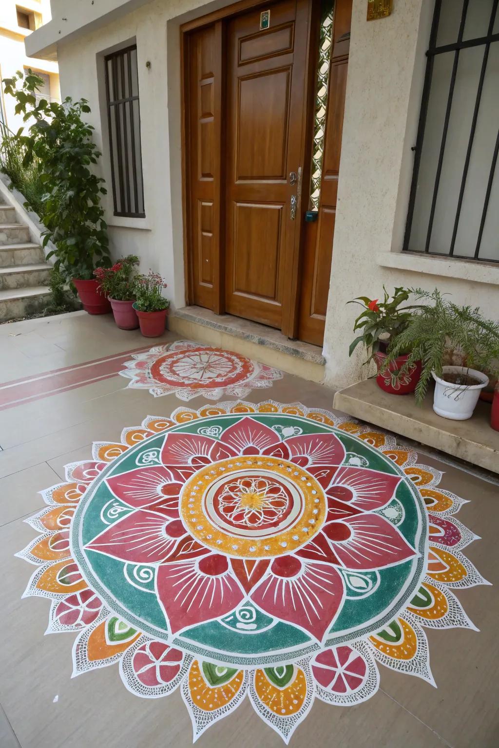 Symmetry in floor art reflects equilibrium and peace, ideal for celebratory occasions.