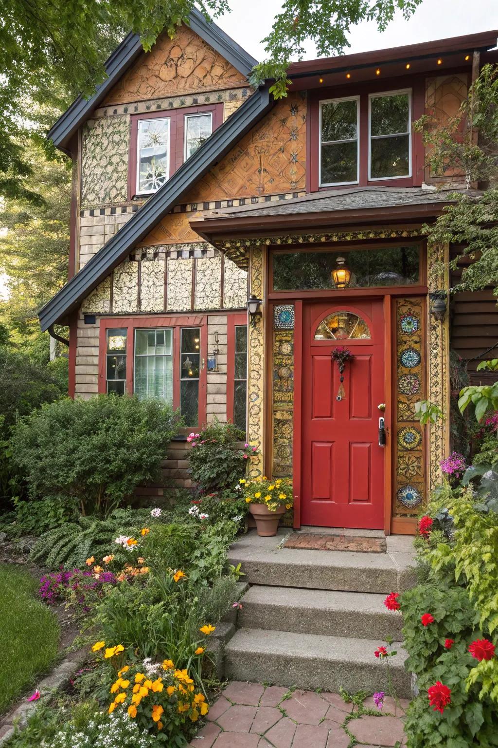 Eclectic residence featuring a striking crimson door, celebrating individuality.