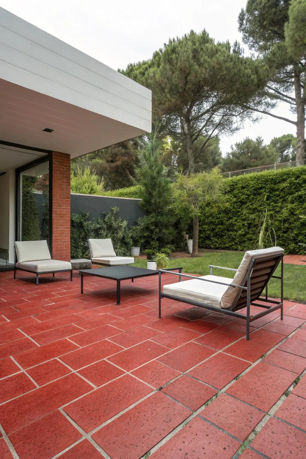 Understated design encounters the dynamic allure of crimson pavers.