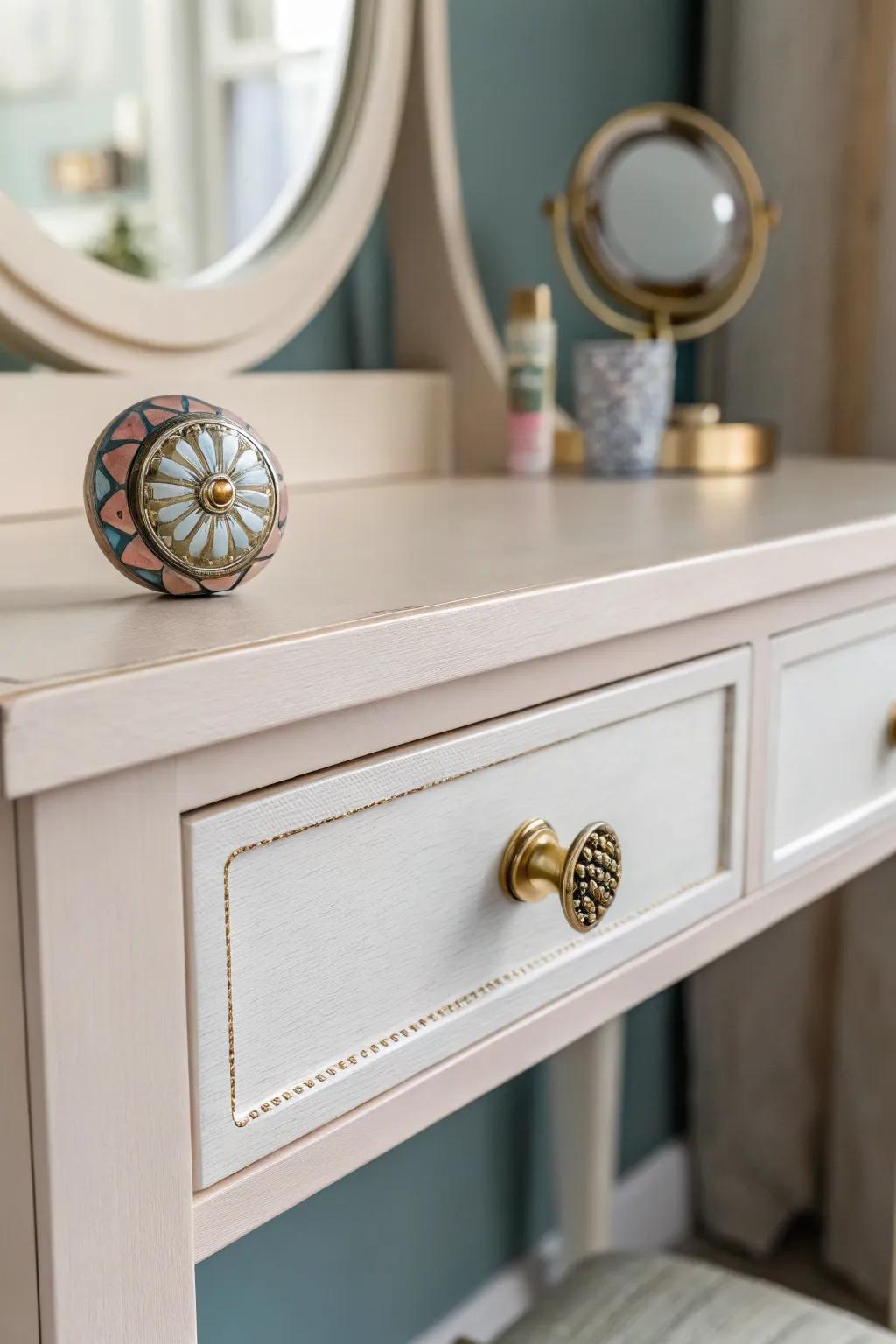 Transform your vanity with eclectic drawer pulls for a playful yet sophisticated touch.