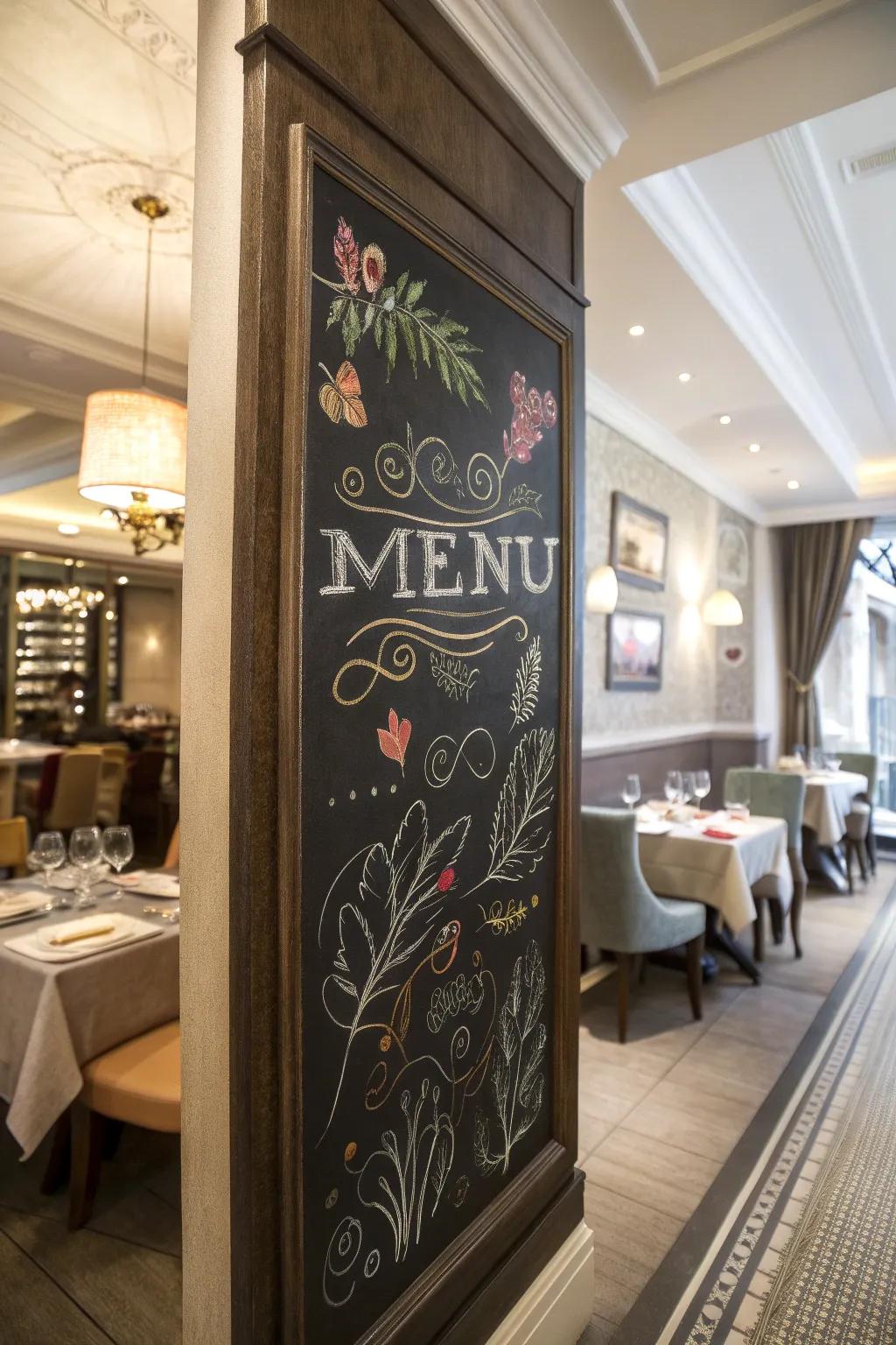 A chalkboard adorned with artistic illustrations that frame the menu text beautifully.