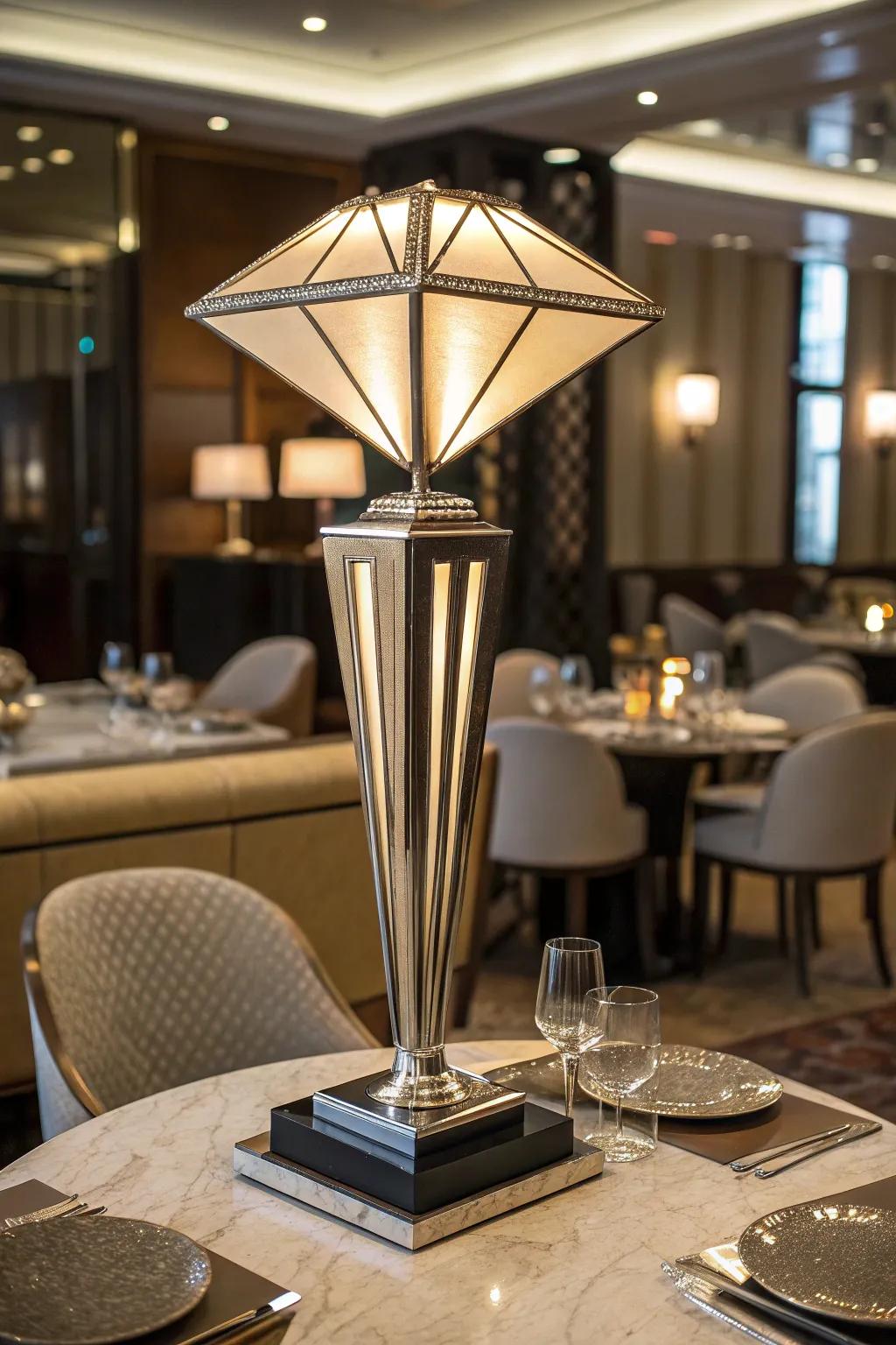 An Art Deco table lamp featuring a geometric design sits on a luxurious restaurant table.
