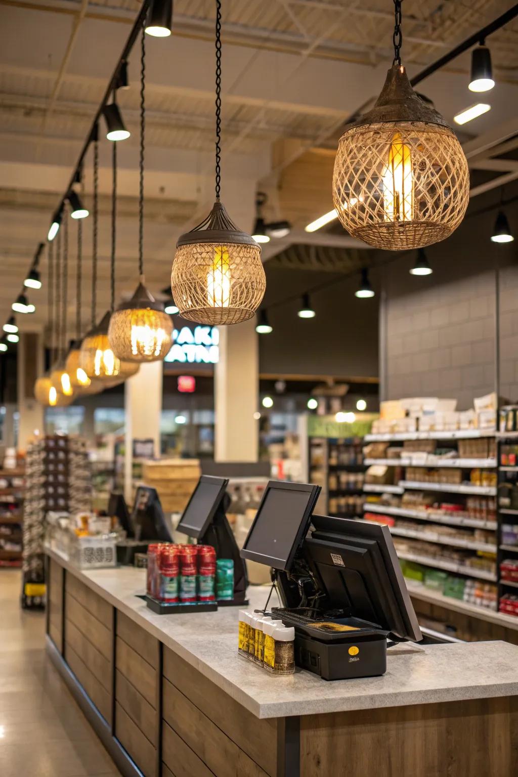 Hanging lights contributing refinement and emphasis within a store environment.