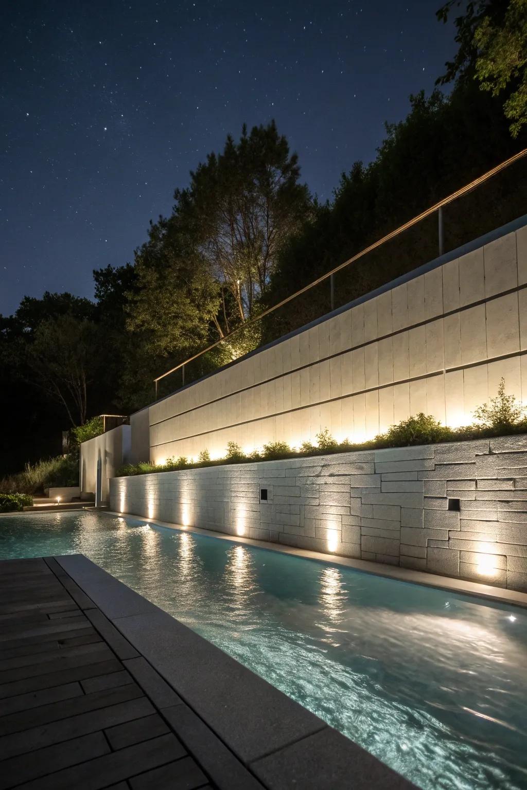A retaining wall with ambient lighting for nighttime allure.