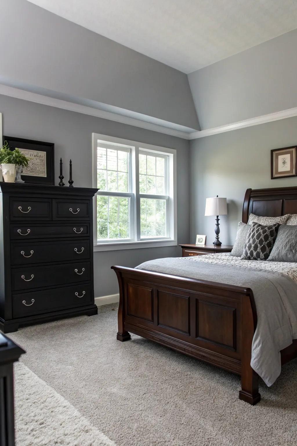 Dark furniture creates a striking contrast against Gentle Gray walls.