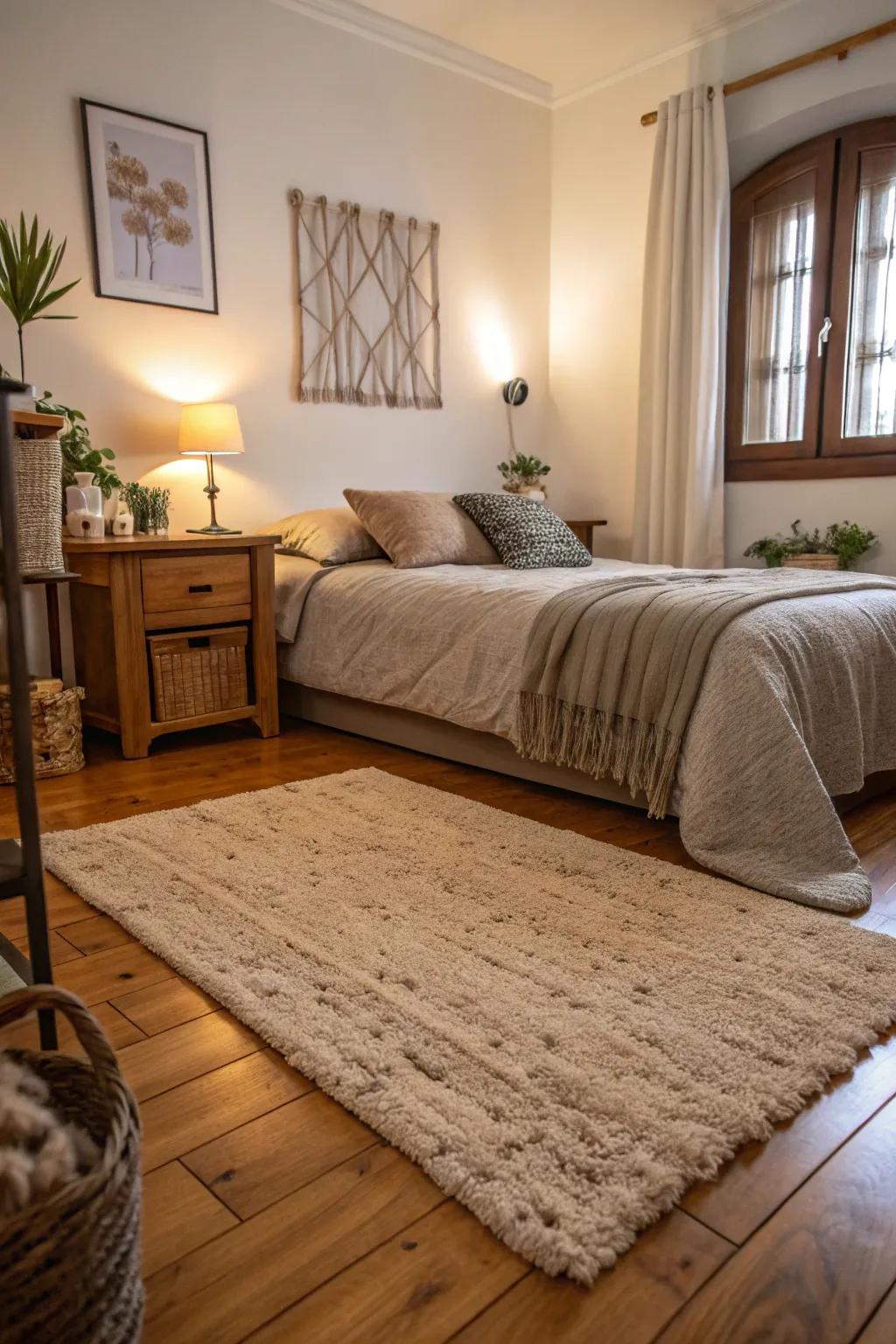 A gentle rug enhances the comfy ambiance of the boudoir.