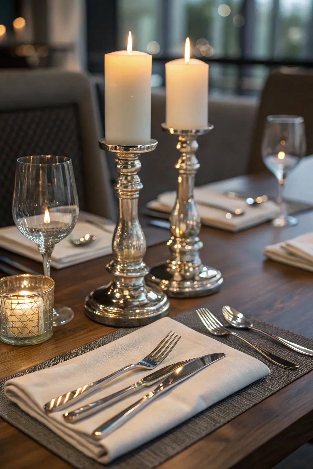 Shiny highlights inject a delicate gleam into your romantic dining décor.