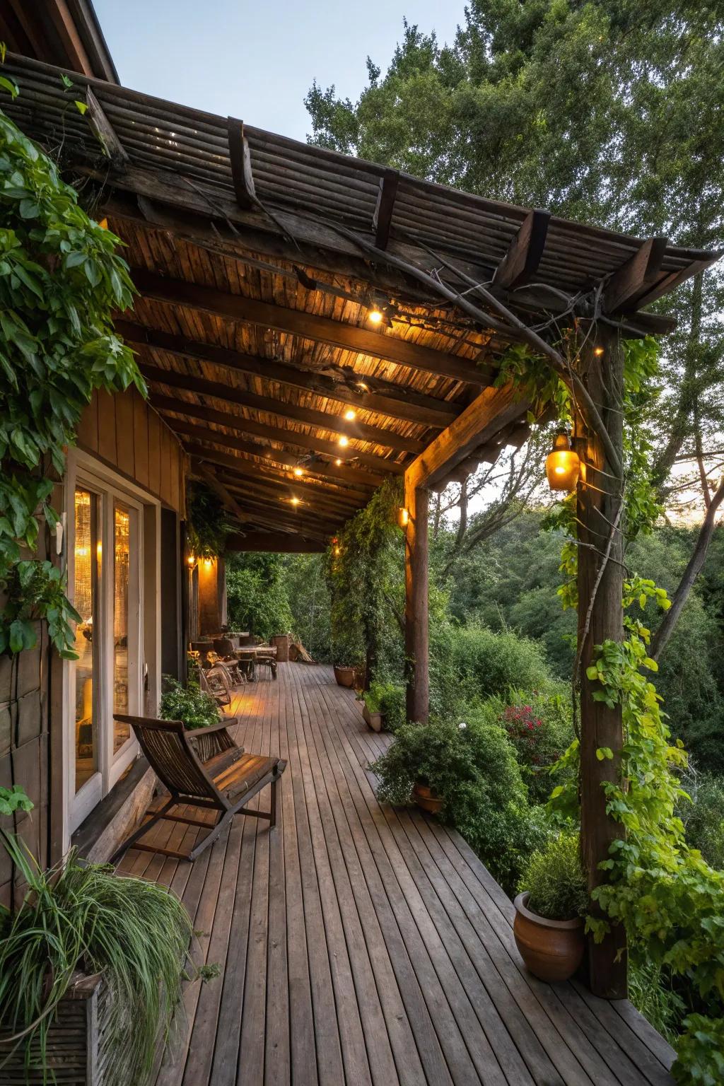 A woodsy overhead design creates a warm and inviting deck area.