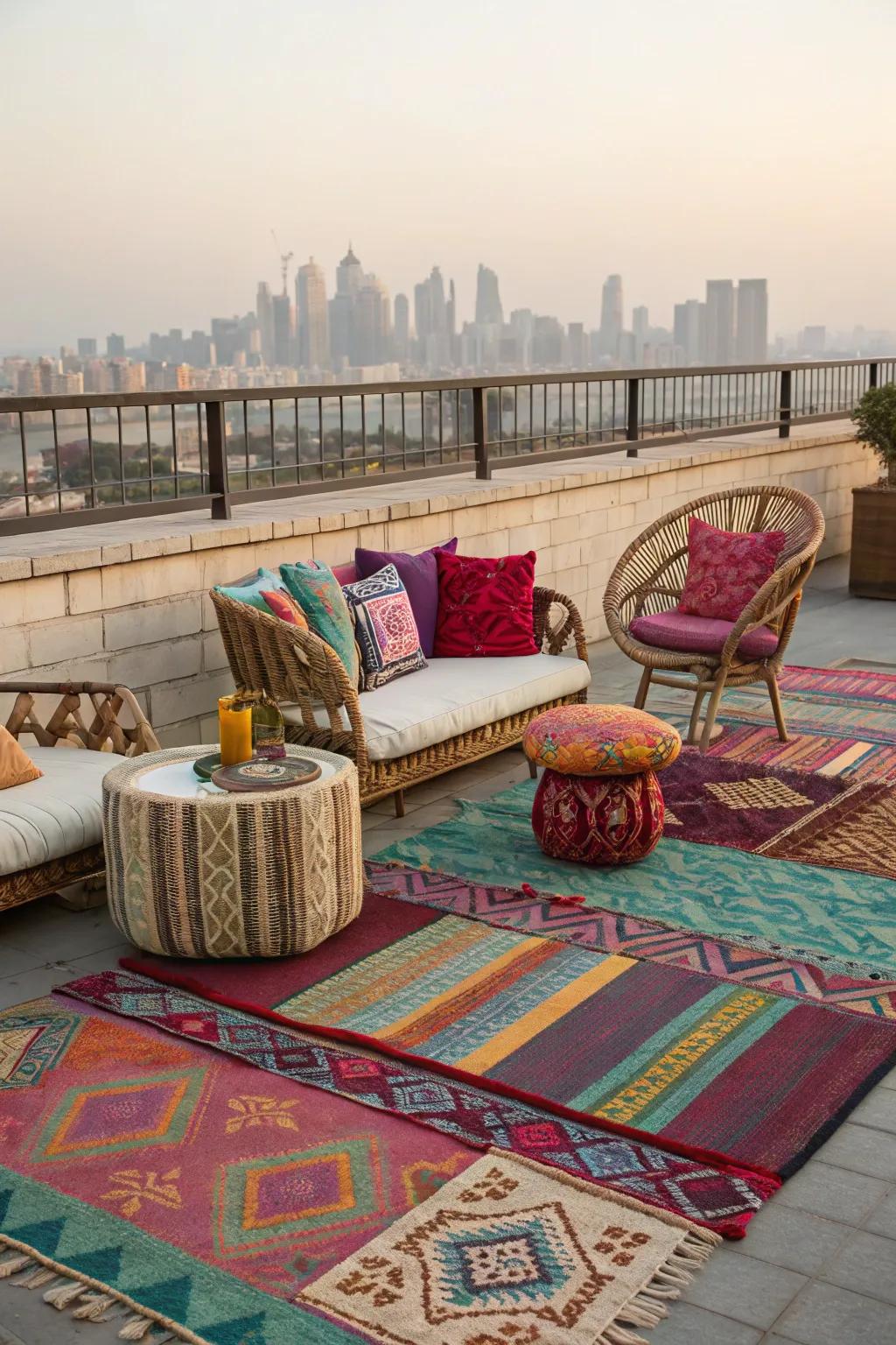 Contribute relaxation and flair using decorative rugs and cushions.