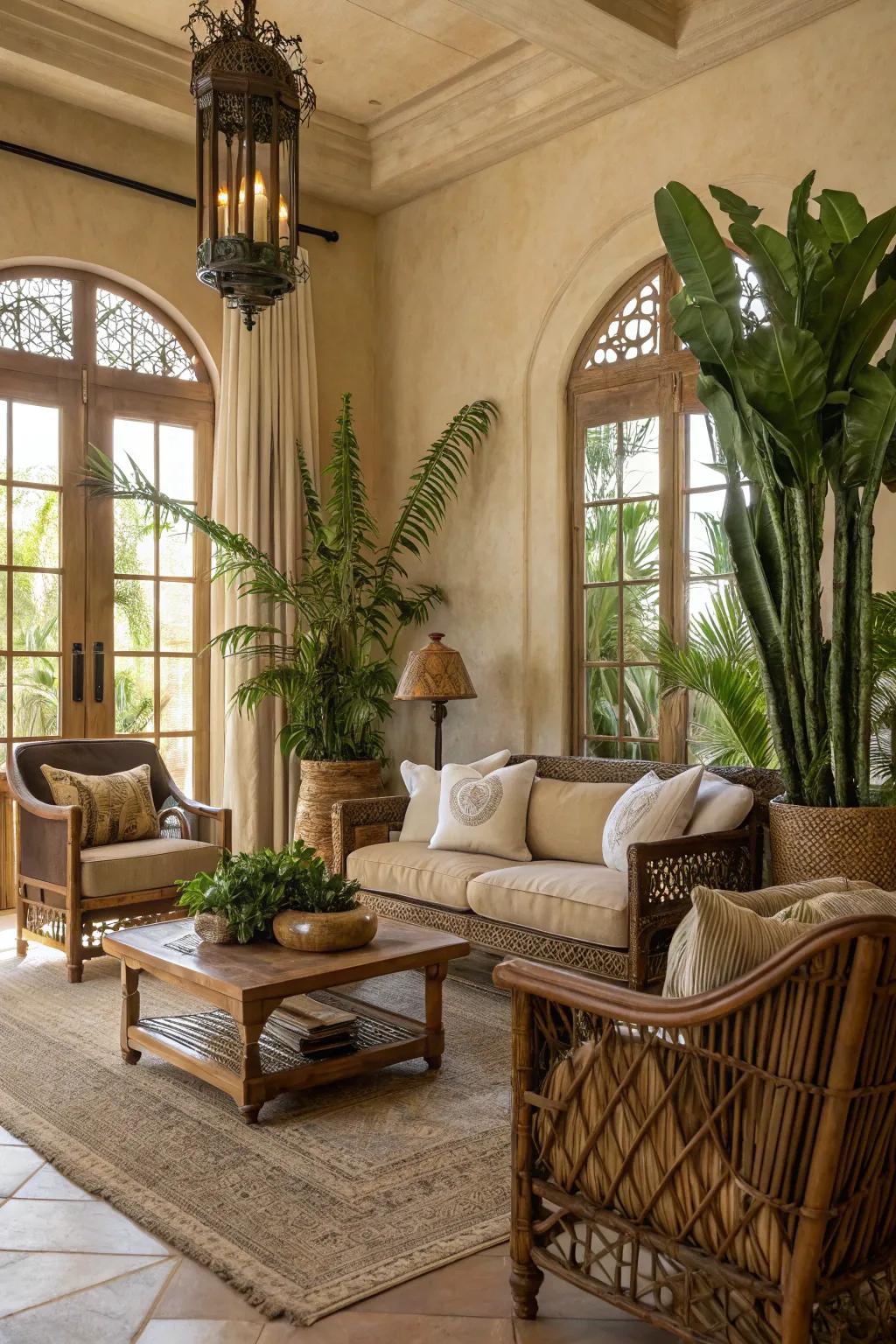 A chic living space featuring desert-inspired earth shades with a rustic charm.