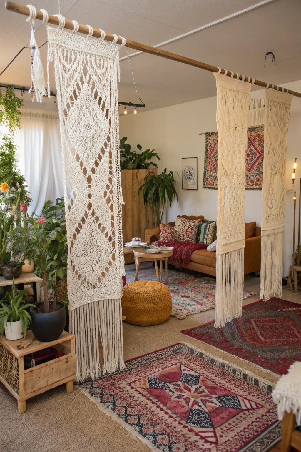 Macramé dividers contribute a bohemian charm and softness to any area.