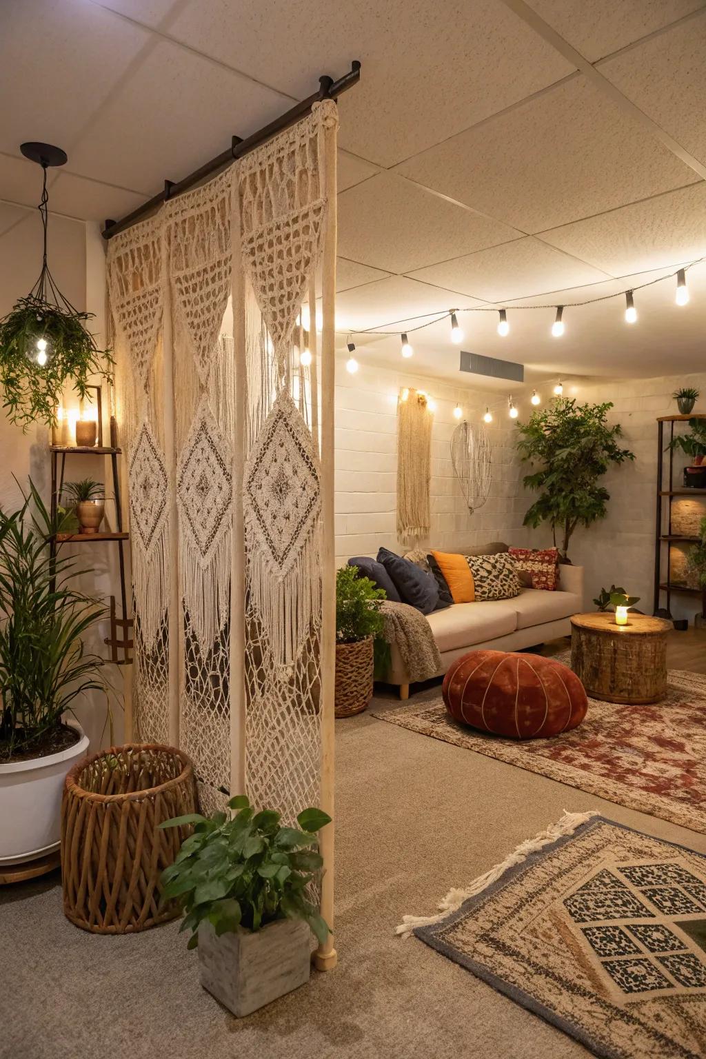 Macramé dividers contribute an artistic and cozy feel to basements.