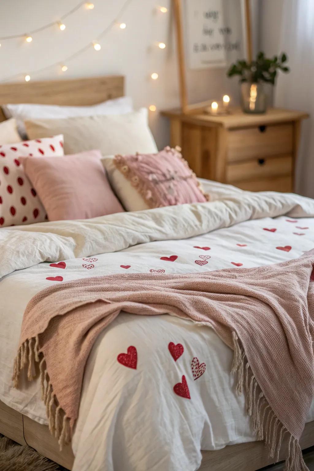 Dream sweetly in a bed embellished with affection themed textiles.