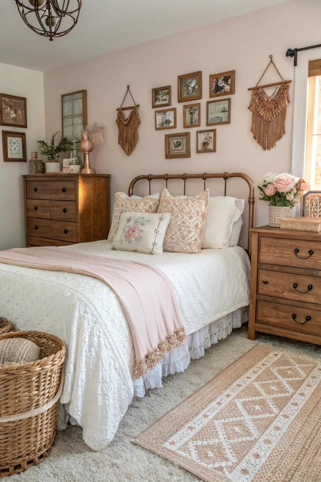 Rose gold introduces an element of elegance to a farmhouse-chic bedroom.